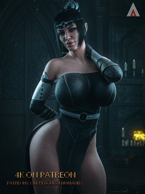 A stylized 3D render depicts Shadowheart from Baldur's Gate 3 in a dark, revealing outfit with armored gauntlets, set against a gothic interior with candlelight, advertising "4K ON PATREON" at patreon.com/plagueofhumanity. The image promotes a "VERY Spicy" character model and set for Blender available on the creator's Patreon.
