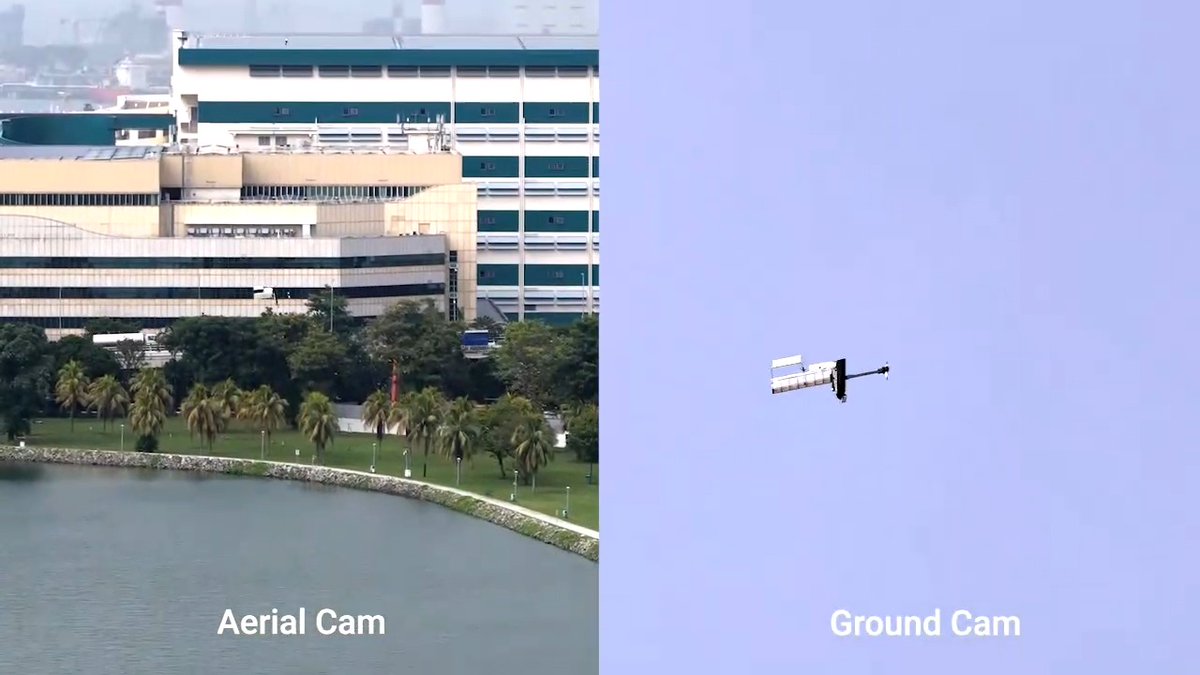 A split-screen comparison showing an 'Aerial Cam' view of buildings and trees beside water, and a 'Ground Cam' view zooming in on an aircraft flying in the sky.