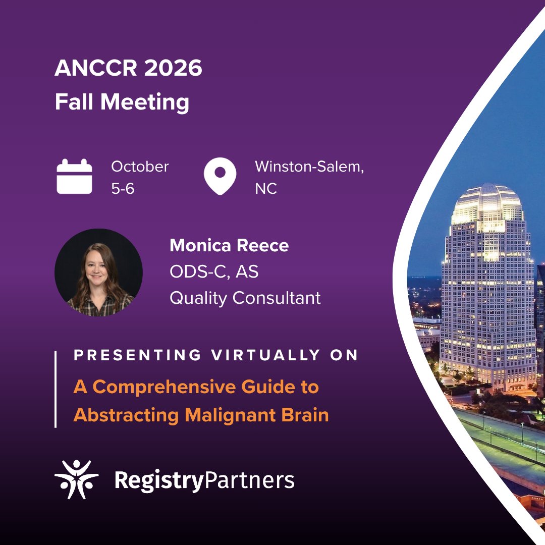 RegPartners's tweet photo. Join Registry Partners at the ANCCR Fall Meeting Oct. 5–6! Connect with Abby Maness in Winston-Salem and catch our virtual sessions Oct. 6 (ET):
• 8–9 a.m.: Laura Ferringer—Heme & Lymphoid
• 12:30–1:30 p.m.: Monica Reece—Abstracting Malignant Brain
#ANCCR https://t.co/Xmx0B7M9mx