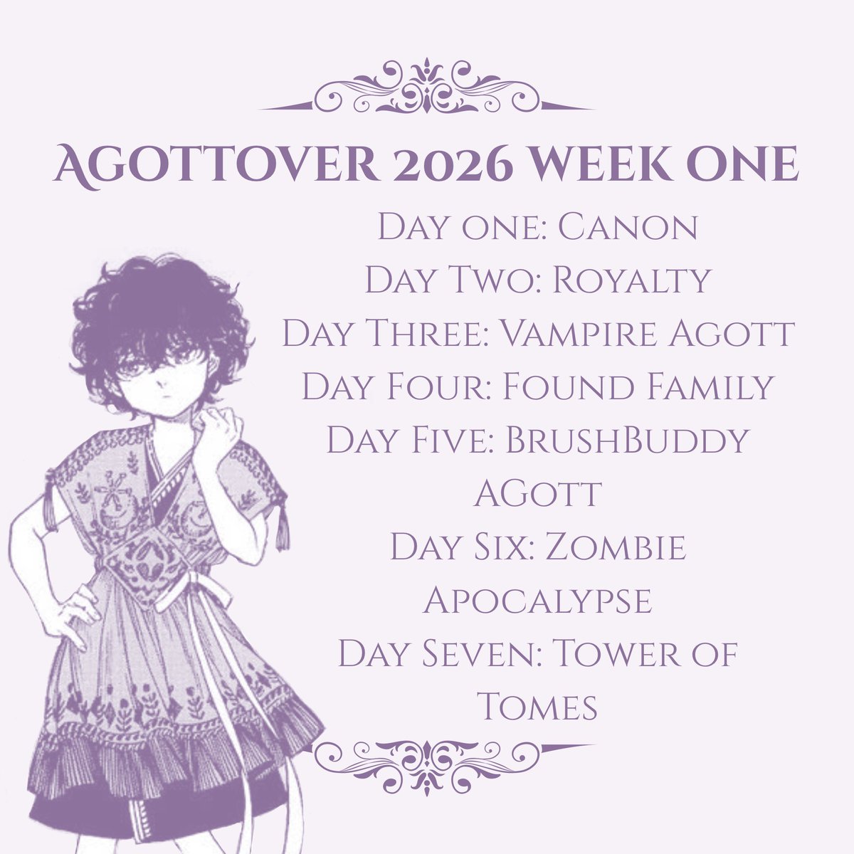 Agottober's tweet photo. Agottober week one has begun! 💜 🐈‍⬛

If you choose to participate please remember to follow the guidelines! If you want to mix one of the week one prompts with one from the other weeks, please feel free ✨📖

#agottober2026 #agottober #Agott https://t.co/87wKeSWIQP