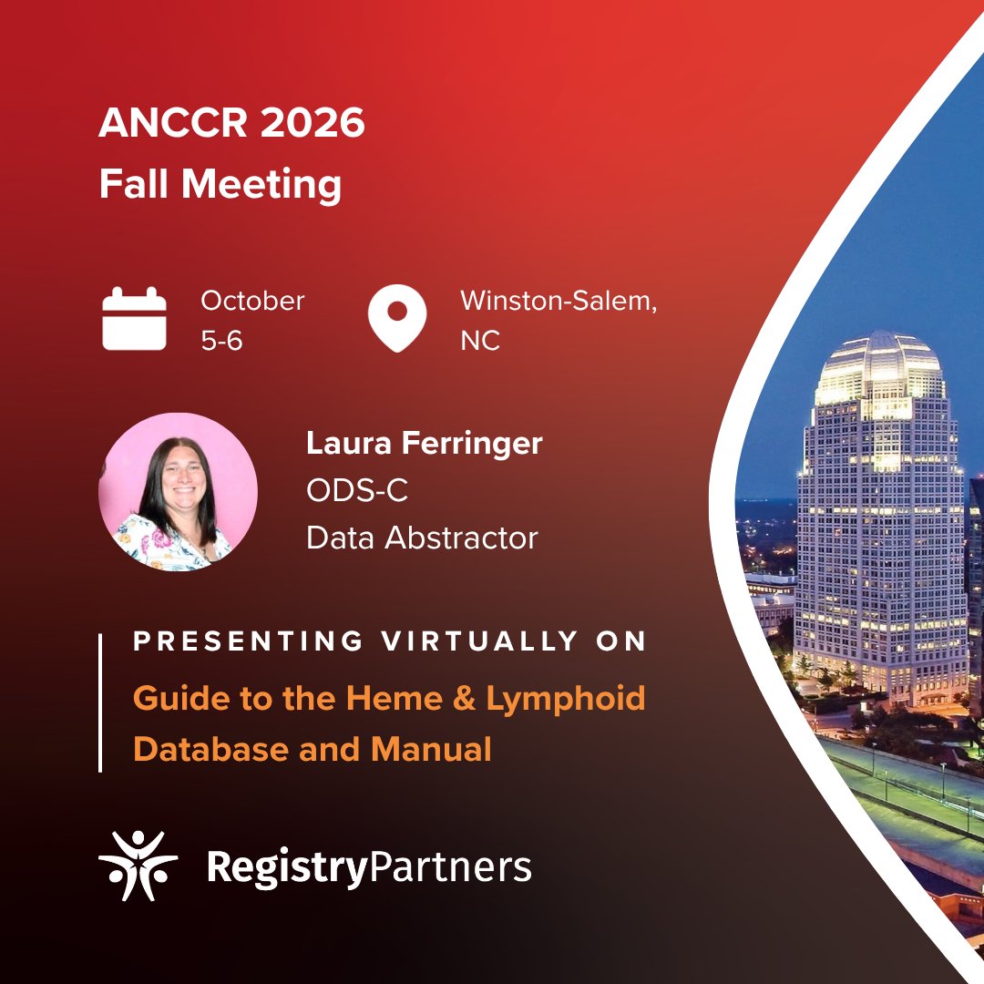 RegPartners's tweet photo. Join Registry Partners at the ANCCR Fall Meeting Oct. 5–6! Connect with Abby Maness in Winston-Salem and catch our virtual sessions Oct. 6 (ET):
• 8–9 a.m.: Laura Ferringer—Heme & Lymphoid
• 12:30–1:30 p.m.: Monica Reece—Abstracting Malignant Brain
#ANCCR https://t.co/Xmx0B7M9mx