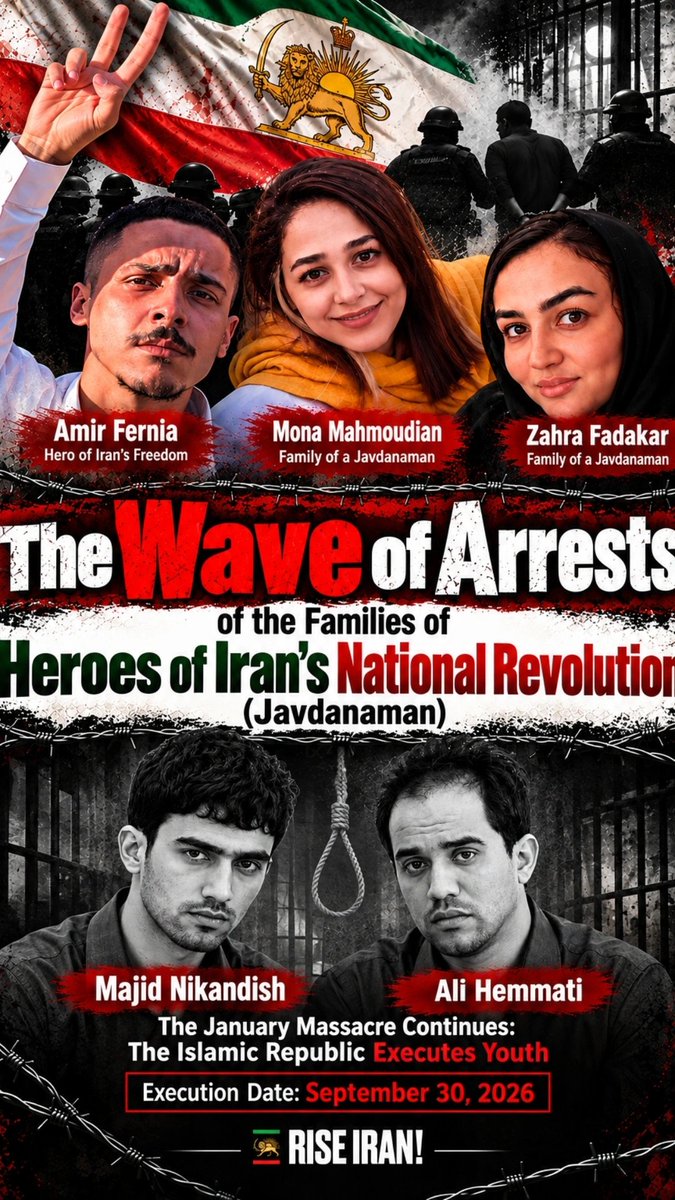 Tina_Jawid's tweet photo. They executed two of our heroes arrested on January 8.
The same week they arrested the families of the fallen.
Amir Farnia, 23 - arrested at work in Kelardasht. Son of Majid Farnia.
Mona Mahmoudian - arrested outside her job in Babol. Widow of Ebrahim Mostafapour.
Zahra Fadakar - arrested in Nasimshahr after a FATA text. Widow of Vahid Firouzi.
No known location. 
No real charges. 
Children waiting at home.
This is not justice. 
It is fear-mongering: execute the detained, hunt the widow, hunt the son, scare the rest into silence.

Say their names. Do not look away.

@UN
@LauraLoomer
@emilykschrader
@marklevinshow

#AmirFarnia #مونا_محمودیان #زهرا_فداکار #Jan8_9 #IslamicRepublicHangs