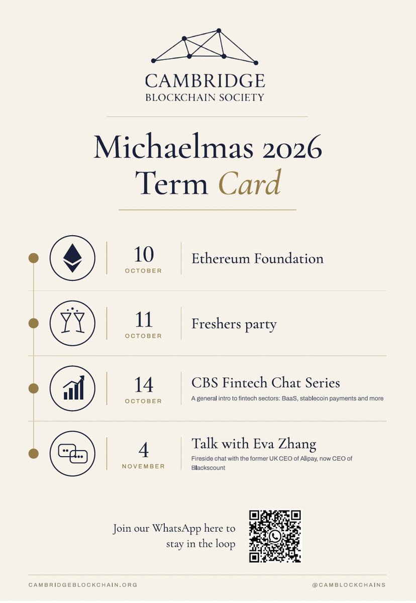 camblockchains's tweet photo. Check out our term card for Michaelmas📅, with more potential events to come📣, join our freshers' group chat by scanning the QR code! https://t.co/SejEpHOIB8