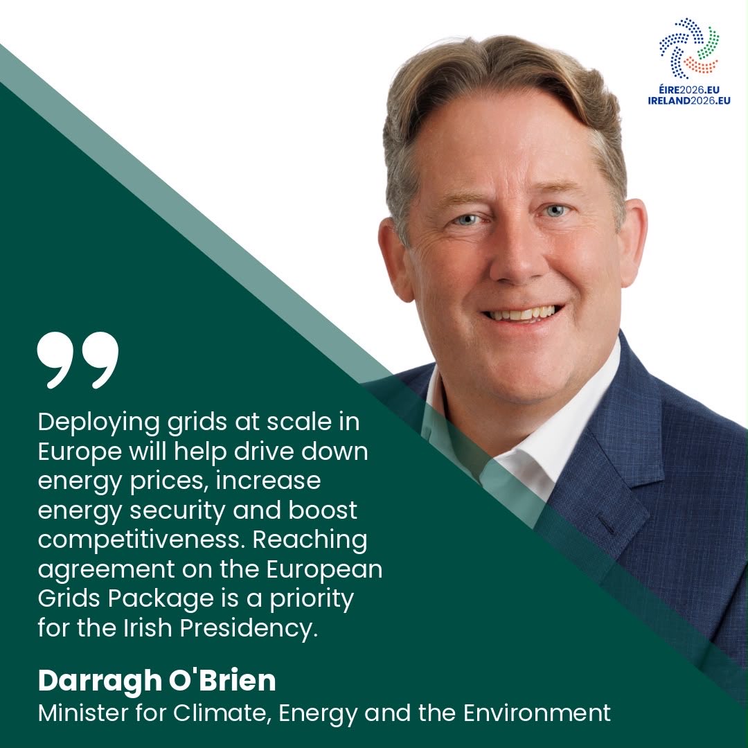 Ireland2026eu's tweet photo. Minister @darraghobrienTD welcomes the opening of negotiations with @Europarl_EN on the TEN-E Regulation, part of the European Grids Package. 

Reaching agreement is a priority in the One Europe, One Market roadmap. https://t.co/y1cj6jNXUh
