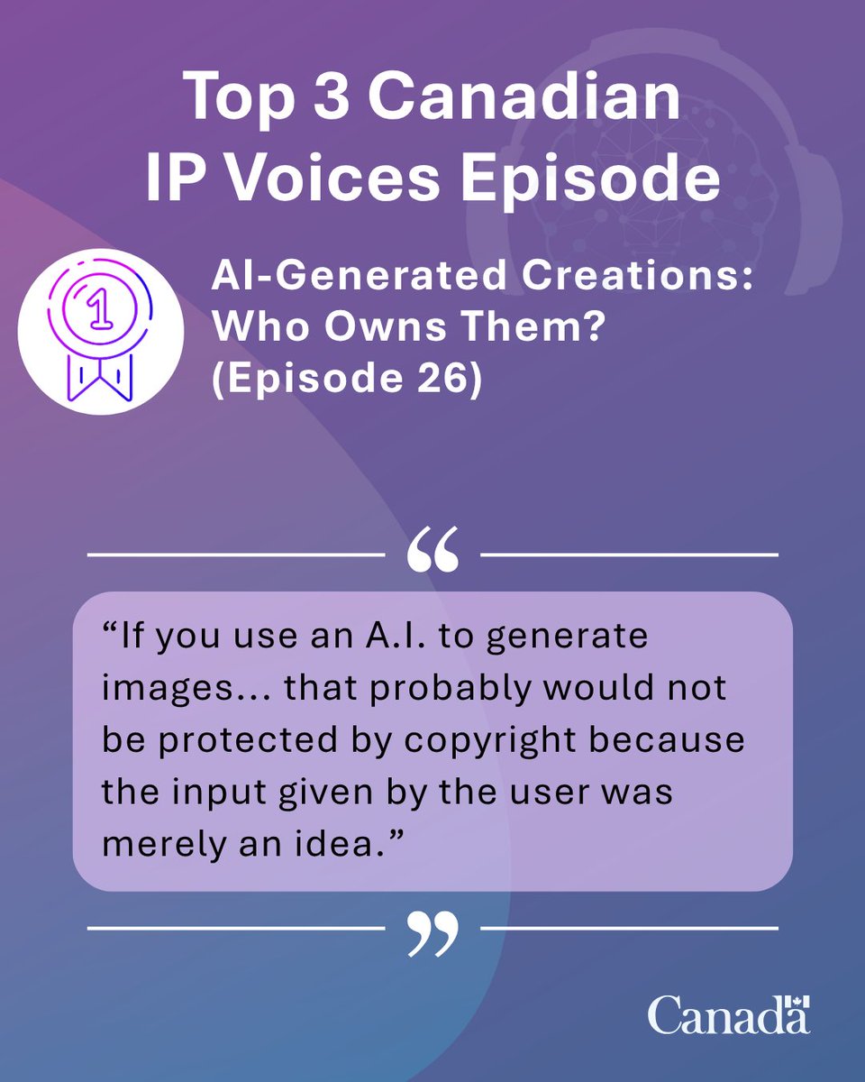 CIPO_Canada's tweet photo. From #AI and copyright to counterfeit products, Canadians tuned in to some fascinating IP conversations this year. 🎙

Check out the top 3 most-listened-to Canadian IP Voices episodes: https://t.co/E2eHXw5T20  

#InternationalPodcastDay https://t.co/llUXDmFIdr