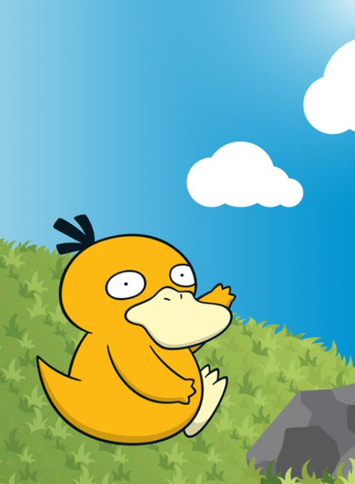 A cartoon Psyduck from Pokémon sits wide-eyed and derpy on a grassy hill under a blue sky with fluffy clouds, staring blankly into the distance. The post captures the absurdity of Psyduck's perpetually stunned, vacant expression—perfectly matching the feeling of a mental breakdown, since the Pokémon is famously known for its headaches and confused looks.