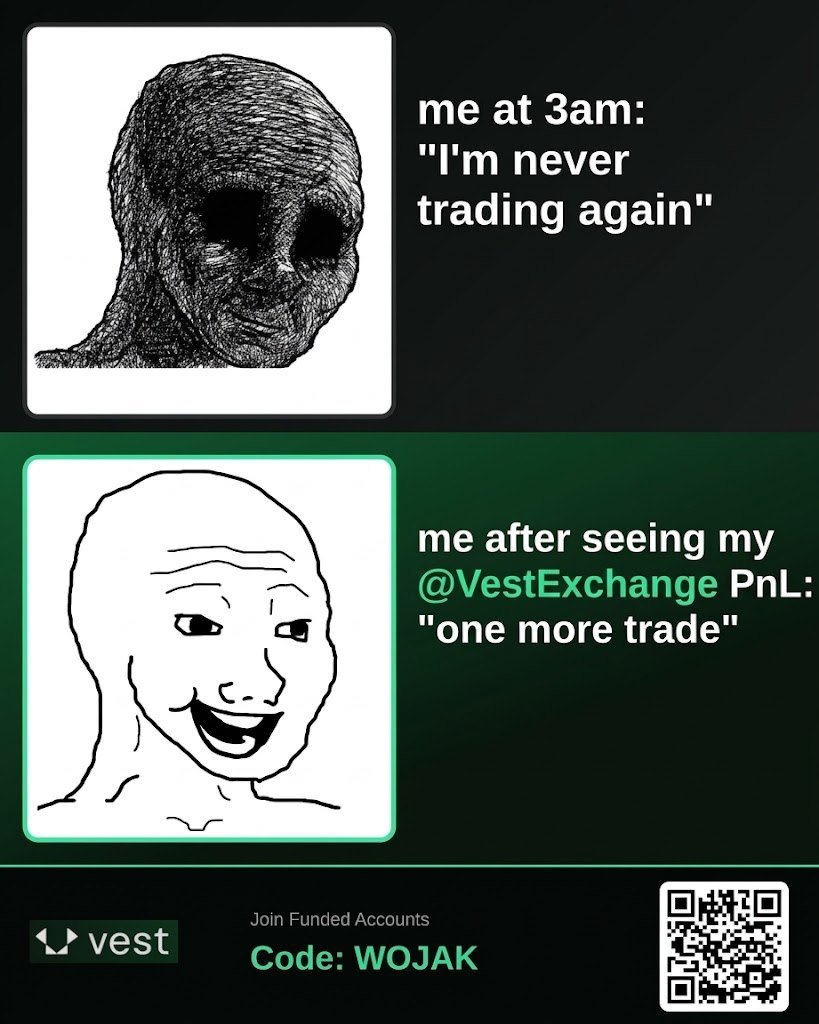 WojakSupreme's tweet photo. Doomer at 3am: "never trading again."

Bloomer with a green @VestExchange 

PnL: "one more trade." 😅

Get 10% off Funded Accounts with code WOJAK 💚 https://t.co/TvscVIXXGS