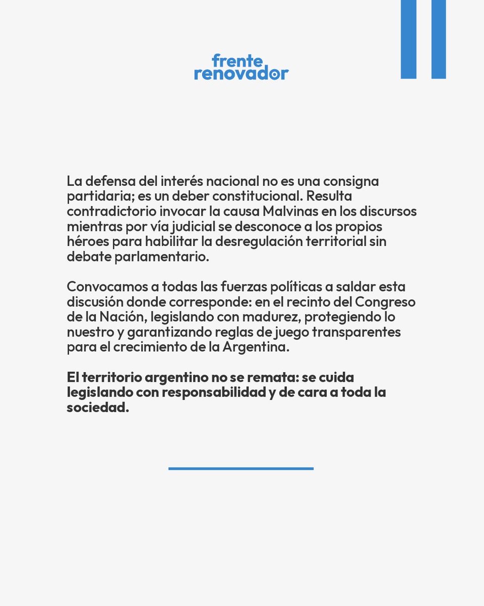 FrenteRenovador's tweet photo. EL TERRITORIO ARGENTINO NO SE REMATA

Durante años, la Argentina tuvo reglas para proteger su territorio y limitar la extranjerización de sus tierras. El Gobierno intentó eliminarlas por decreto, sin debate, y ahora la Corte dejó al país sin esas garantías.

El DNU 70/2023 debe ser tratado y derogado por el Congreso porque defender el territorio nacional es una responsabilidad institucional.