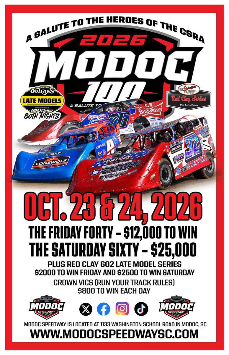 ModocSpeedwaySC's tweet photo. The Modoc 100 is set to roll Oct 23 and 24 - TWO BIG NIGHTS!

𝗧𝗵𝗲 𝗪𝗼𝗿𝗹𝗱 𝗼𝗳 𝗢𝘂𝘁𝗹𝗮𝘄𝘀 𝗟𝗮𝘁𝗲 𝗠𝗼𝗱𝗲𝗹𝘀 𝗵𝗲𝗮𝗱𝗹𝗶𝗻𝗲 𝗧𝗛𝗘 𝗠𝗢𝗗𝗢𝗖 𝟭𝟬𝟬

𝙏𝙝𝙚 𝙁𝙧𝙞𝙙𝙖𝙮𝙁𝙤𝙧𝙩𝙮 - $12,000 𝙩𝙤 𝙬𝙞𝙣!
𝙏𝙝𝙧 𝙎𝙖𝙩𝙪𝙧𝙙𝙖𝙮 𝙎𝙞𝙭𝙩𝙮 - $25,000 𝙩𝙤 𝙬𝙞𝙣!

𝗔𝗹𝘀𝗼 𝗶𝗻 𝗮𝗰𝘁𝗶𝗼𝗻:

Red Clay 602 Late Models
$2000 to win Friday!
$2500 to win Saturday!

Crown Vics (run your track rules)
$800 to win each night!

TICKETS ARE ON SALE NOW!

GET YOURS AT My Race Pass