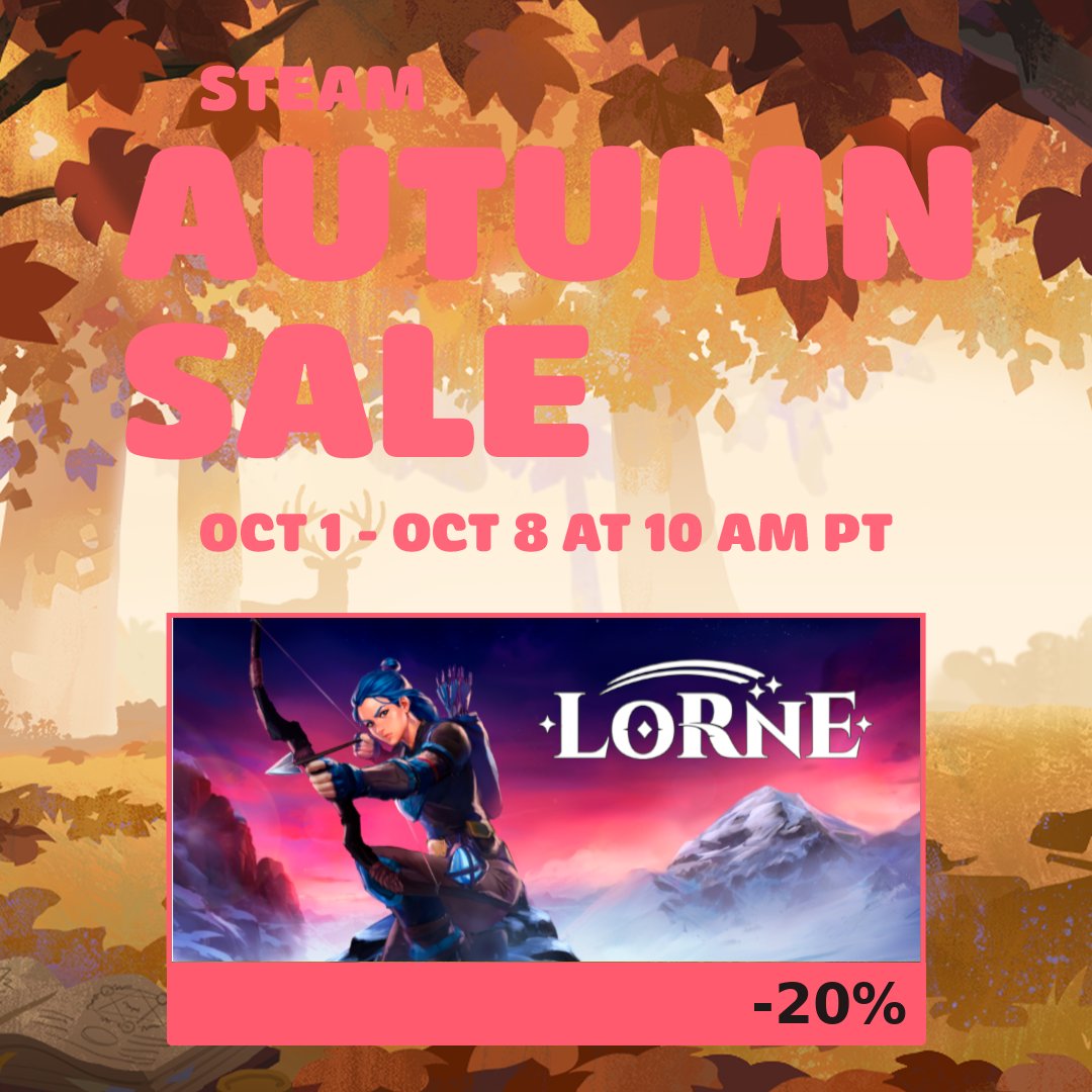 LorneDev's tweet photo. The Steam Autumn Sale has begun! 🍂

Lorne is 20% off. Venture into the wilds, gather rare materials, and fortify your base before the next invasion destroys your Powercore.

Grab it before the sale ends: https://t.co/GnlrmWgm3P
#SteamAutumnSale #IndieDev https://t.co/zXSpYUwy79