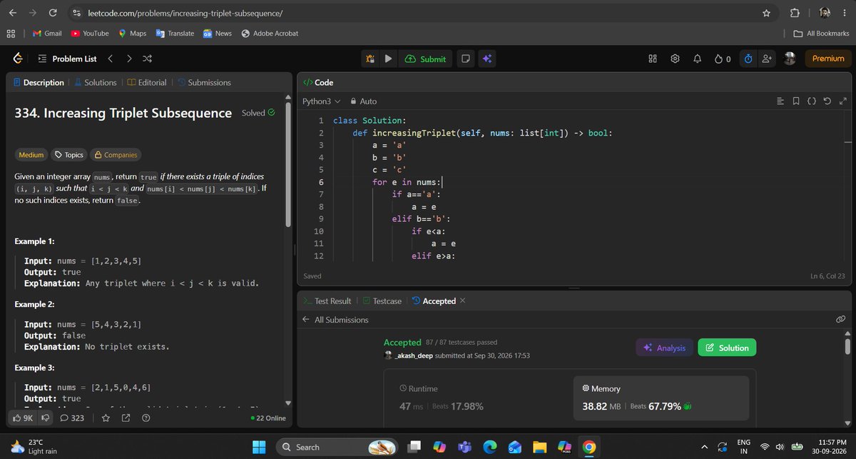 _deep_star's tweet photo. Hello All, I completed #Day1002 of #365DaysofCode Challenge with @scaler_official
Question: Increasing Triplet Subsequence
discord link: https://t.co/8JQpNSUK1v
#letsconnect #scalerdiscordcommunity #codewithscaler #365daysofcodescaler #365DaysofCode https://t.co/sx0qUr9R5h