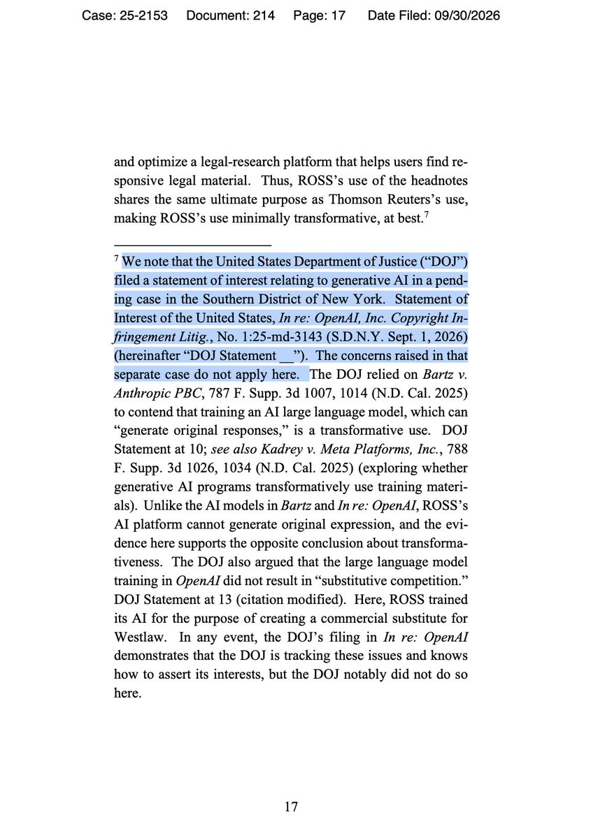 AdamEisgrau's tweet photo. The 3d Circs unredacted Opinion in @ThomsonReuters v @RossIntel Opinion's out. The big takeaway in ruling against Ross is it implicitly confirms that highly transformative gen AI training to produce a hugely multi-purpose model with substantial public benefit is likely fair use!🧵