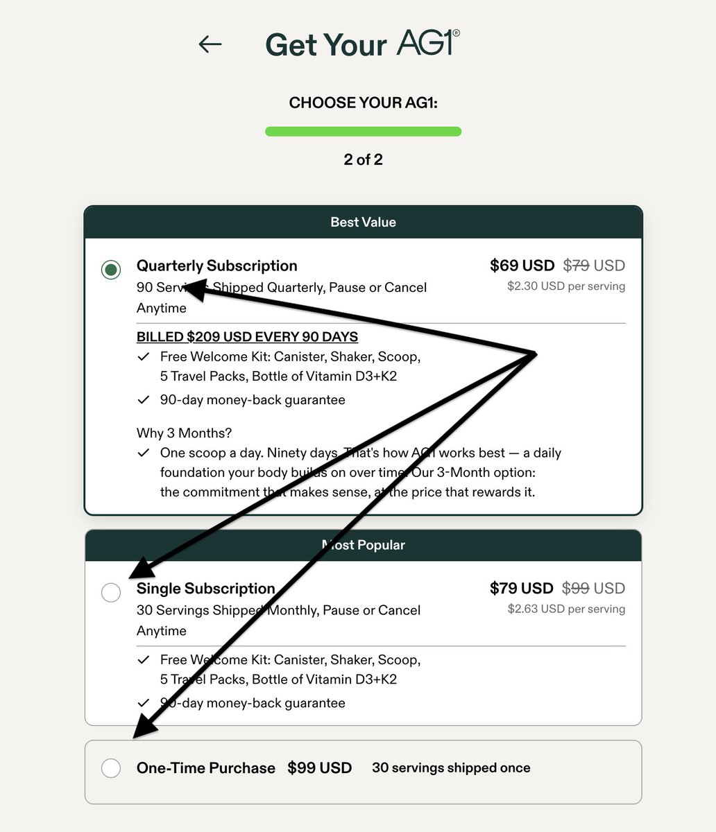 builtbytrev's tweet photo. Fastest way to get more people to subscribe to your product (as an ecom founder):

Stack the page in a way that subscribing becomes the choice.

A majority of ecom stores give people only two options: buy once or subscribe monthly.

This makes it a 50/50 choice.

But notice how one of the biggest ecom brands right now is doing it.

It gives visitors three options to pick from, two of which are subscriptions.

Meanwhile, the one-time purchase is at the bottom in small text and presented as the worst value option.

Picking this option would mean that customers will pay more and get less (product and freebies).

Subscribing, on the other hand, has real, tangible benefits, such as:

- Buying only once costs around 43% more per serving on both pages.
- The free welcome kit only comes with a subscription.
- The longer plan comes with a longer money-back guarantee (so committing to more actually means risking less).

Between the quarterly subscription and the worst value “buy-once” option, the monthly subscription feels like the safe middle ground.