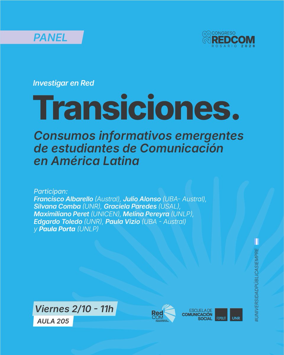 InvestigarenRed's tweet photo. El viernes 2 de octubre estaremos presentando "Transiciones" en un panel especial con @FAlbarello @Pared_de_Gra @julitoalonso @maxiperet @8daysaweekSil @PaniToledo @piporta @pereyramelinam @VizioPaula en el Congreso RedCom que se realizará en la Universidad Nacional de Rosario https://t.co/j452wYvbEB