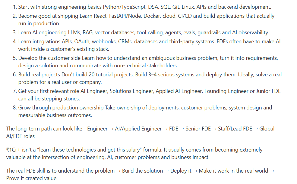 runtimehuman's tweet photo. How you should approach going from zero to a ₹1Cr+ Forward Deployed Engineer role

First,solve the problem. Then, write the code. That's the way to think like a developer.
Credit - @nishantchahar11 https://t.co/0YJ8wk6aQI