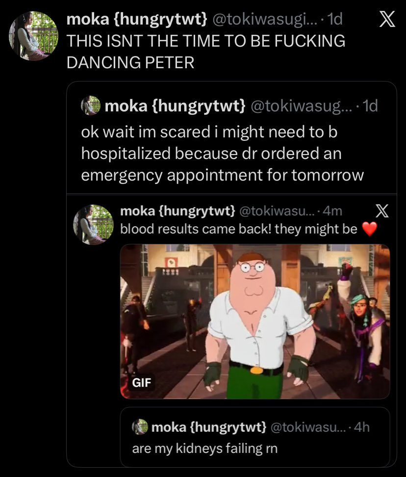 tokiwasugisatta's tweet photo. SO GUYS my kidneys are fine but my doctor wants to hospitalize me for im ginna maintain for a few weeks yk get her off my back https://t.co/7lebMJTd9y