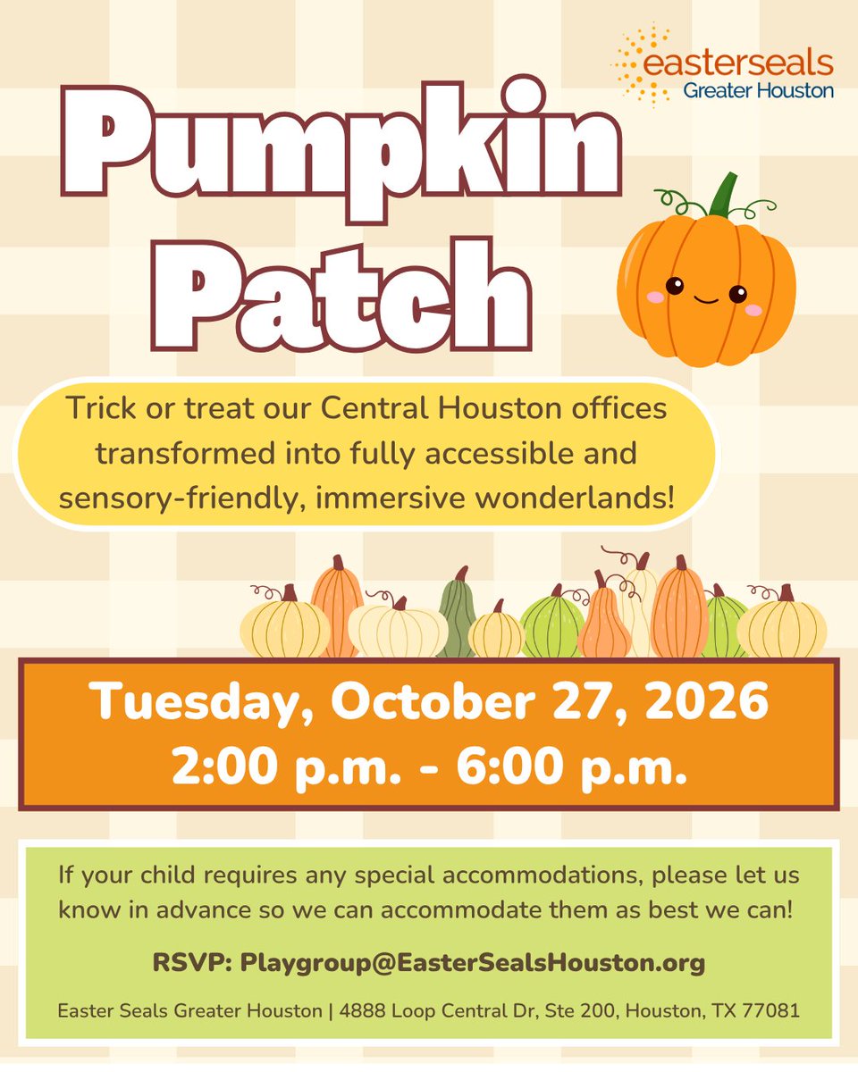 BridgingApps's tweet photo. 🎃 Get your costumes ready for Easter Seals' Pumpkin Patch on Oct. 27! Trick-or-treat through our accessible, sensory-friendly wonderlands from 2-6 PM.

📍 4888 Loop Central Dr., Houston, TX 77047

Need accommodations? Let us know when you RSVP: playgroups@eastersealshouston.org https://t.co/70DDUAVQXb
