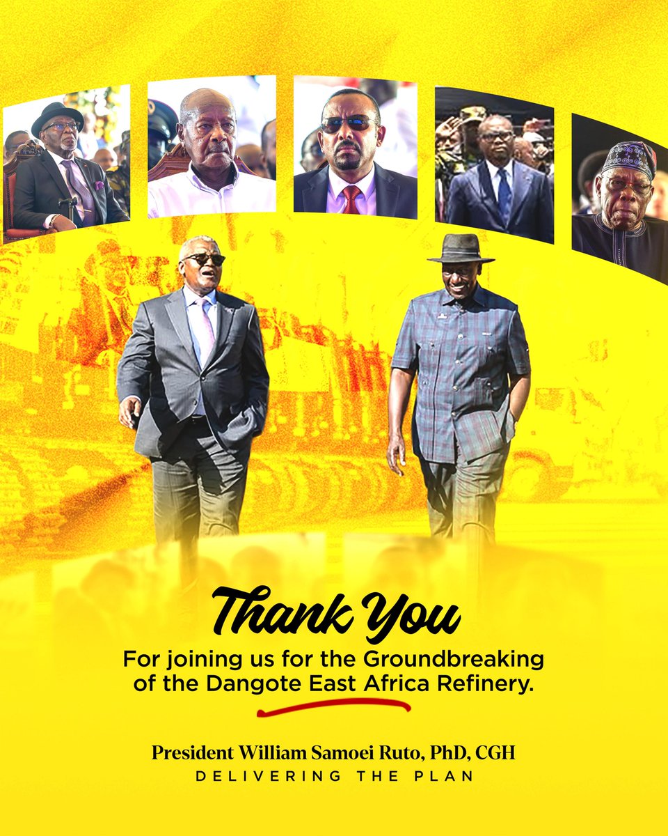 WilliamsRuto's tweet photo. Thank you for joining us for the groundbreaking of the Dangote East Africa Refinery! 🇰🇪🤝🌍 #DangoteRefinery #Kenya https://t.co/pcDn26GO32