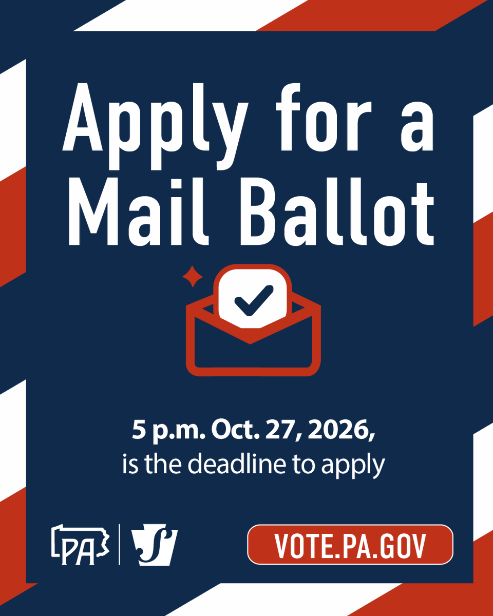 PAStateDept's tweet photo. Tuesday, Oct. 27 is the last day to request a mail ballot for the Nov. 3 general election. Learn more at https://t.co/iCll5K6SpX

If you applied for a mail ballot, you can track the status of your mail ballot’s progress online at https://t.co/5JHph6AJax https://t.co/Q0QUfayOaU