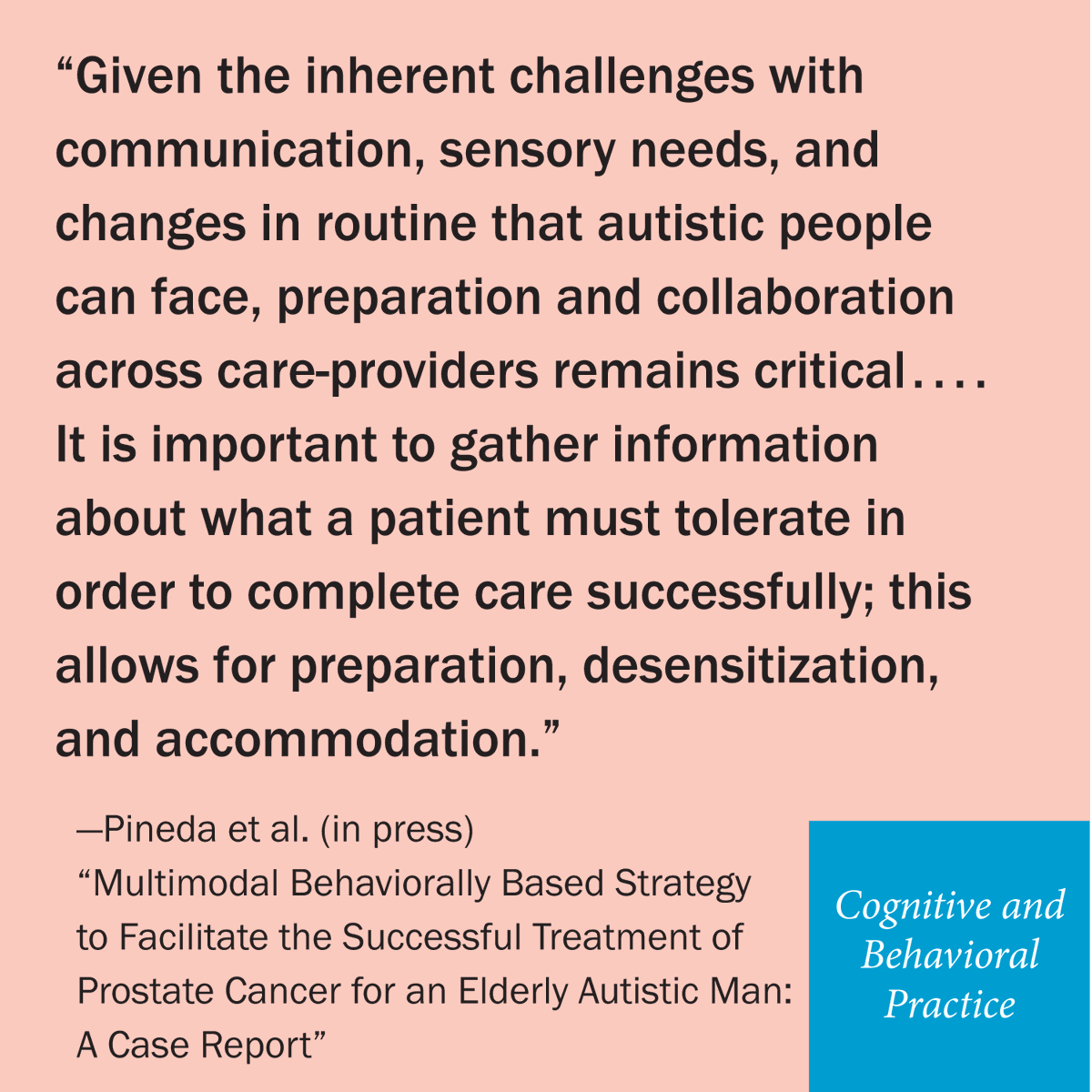 ABCTNOW's tweet photo. “Multimodal Behaviorally Based Strategy to Facilitate the Successful Treatment of Prostate Cancer for an Elderly Autistic Man: A Case Report”

Pineda et al. (in press)

https://t.co/absVqoo2Ww https://t.co/UVN8xoZhba