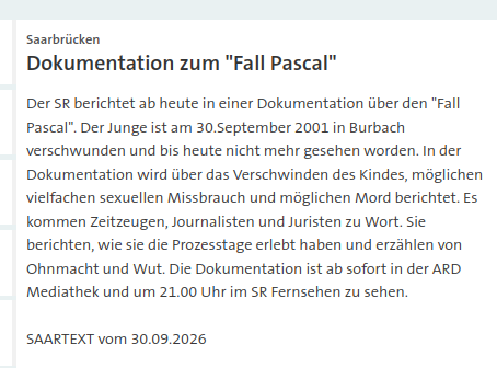 UK136S's tweet photo. Der SR berichtet ab heute in einer Dokumentation über den "Fall Pascal". Der Junge ist am 30.September 2001 in Burbach verschwunden und bis heute nicht mehr gesehen worden | #ColdCase #FallPascal #Saarbrücken https://t.co/QJ7Lp8ikje