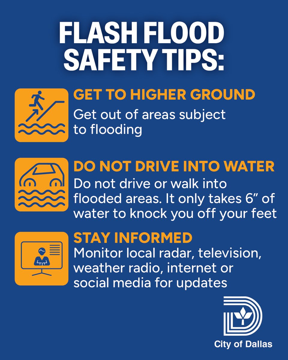 CityOfDallas's tweet photo. ⚠️ FLOOD WATCH: Heavy rainfall is expected, with an Active Flood Watch in effect from Wednesday afternoon, September 30, 2026, through Friday morning, October 2, 2026. If you are in immediate danger, call 9-1-1. Report flood sightings or impaired roadways to 3-1-1. https://t.co/vk9IGqSilP
