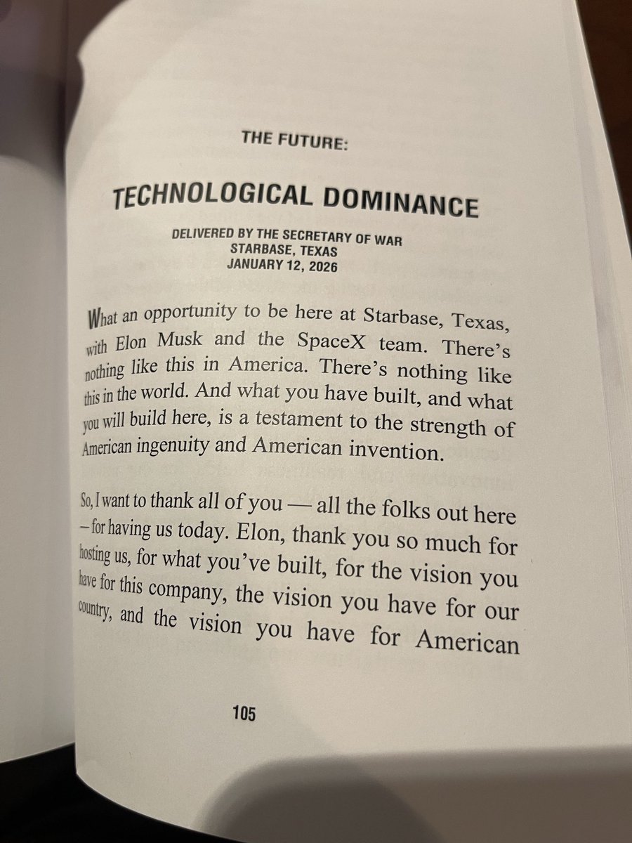 StevenBeynon's tweet photo. Hegseth issued a 144-page book to the 600 troops attending his speech today, it's a compilation of some of his speeches. It includes a forward from Trump saying, "I will not ask you to fight dumb wars." https://t.co/nK36aRoha5