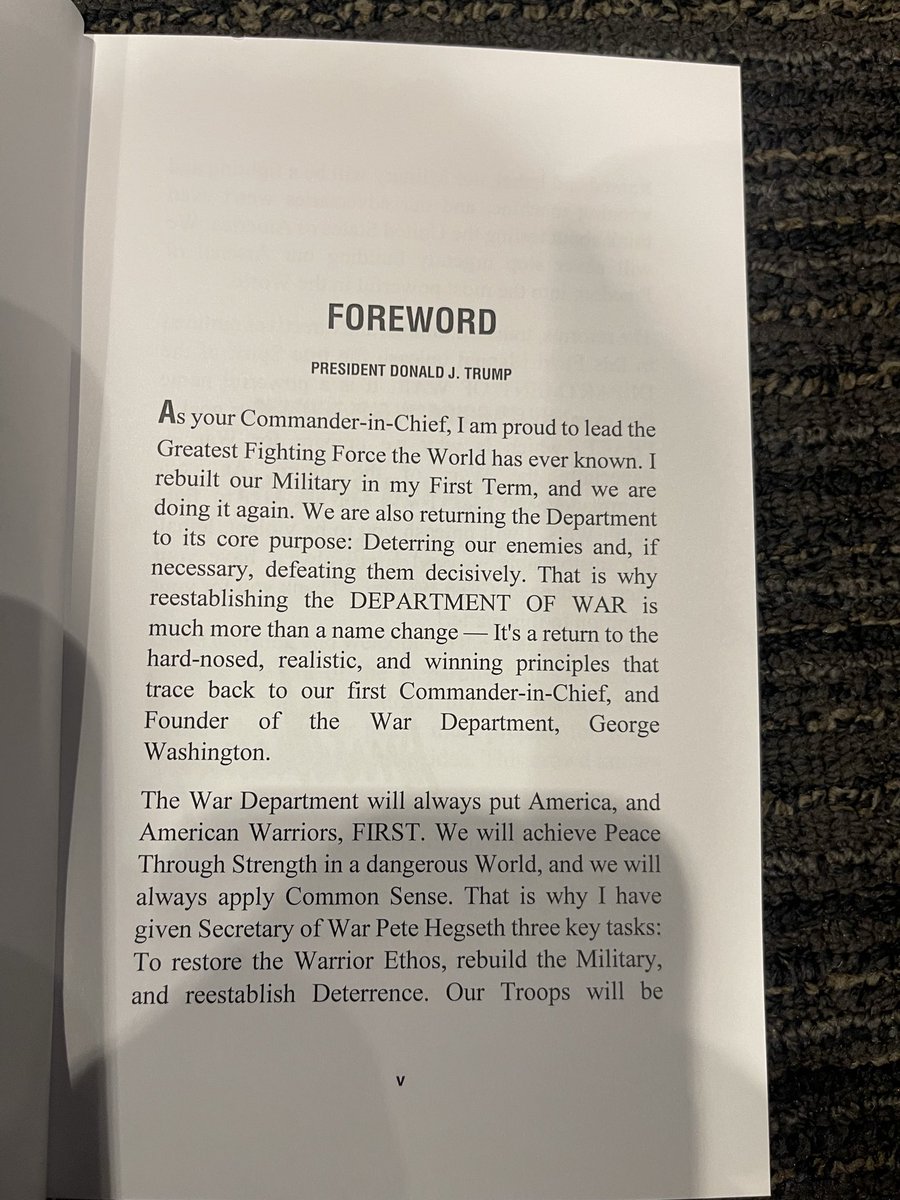 StevenBeynon's tweet photo. Hegseth issued a 144-page book to the 600 troops attending his speech today, it's a compilation of some of his speeches. It includes a forward from Trump saying, "I will not ask you to fight dumb wars." https://t.co/nK36aRoha5
