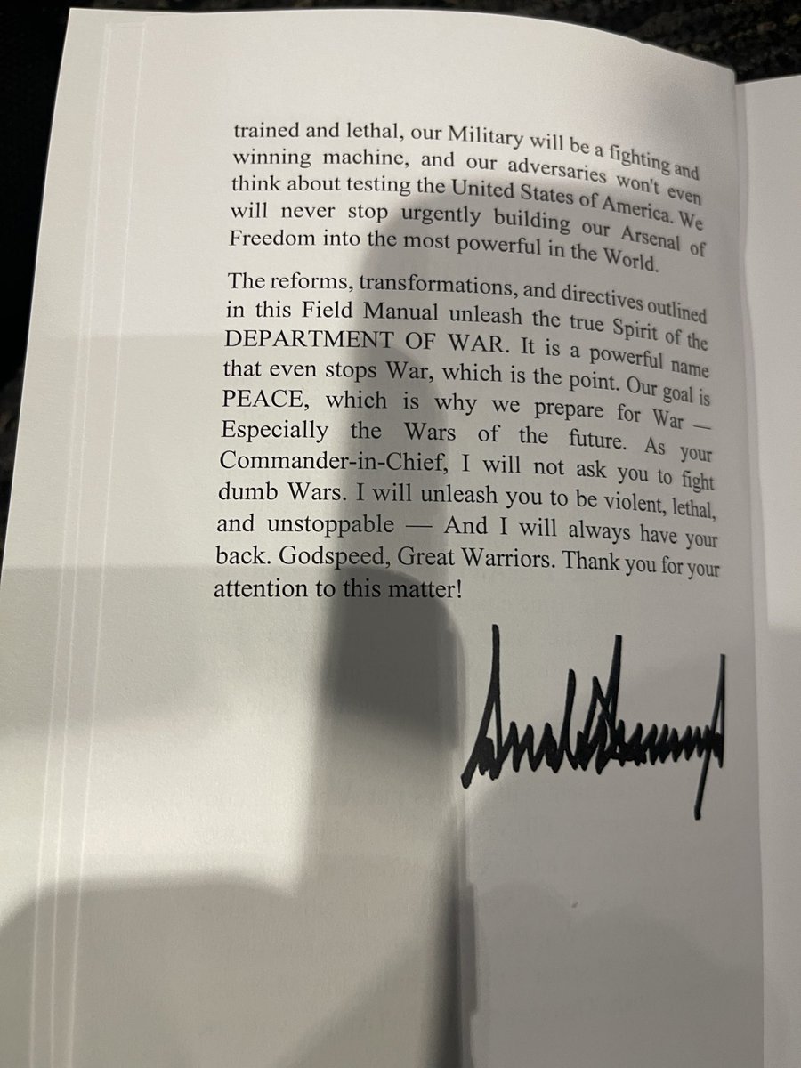 StevenBeynon's tweet photo. Hegseth issued a 144-page book to the 600 troops attending his speech today, it's a compilation of some of his speeches. It includes a forward from Trump saying, "I will not ask you to fight dumb wars." https://t.co/nK36aRoha5