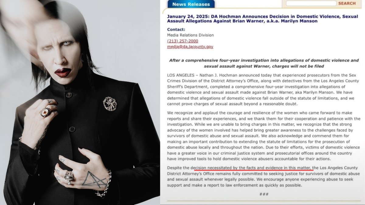 TheMansonCases's tweet photo. With all the chatter about Marilyn Manson &amp; Slipknot going on tour, here's what the LADA’s original statement said before it was deleted.

That he wasn’t charged solely because of the statute of limitations..

But also due to a lack of facts &amp; evidence. Read it for yourself: https://t.co/v04gHzNx1i