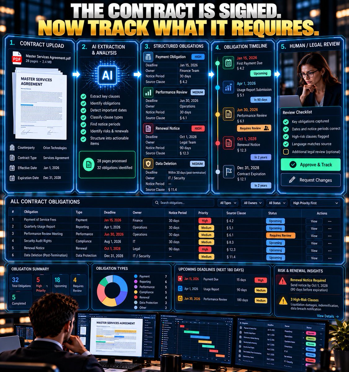 CuriousCreatorX's tweet photo. TURN CONTRACTS INTO AN AI OBLIGATION TRACKER

Signing the contract isn't the end of the workflow.

Sometimes it's the beginning.

Imagine a company signs 50 contracts.

Buried inside them are:

• renewal dates
• notice periods
• reporting obligations
• payment dates
• service requirements
• termination conditions

Nobody should have to remember all of that manually.

Build this:

1. Store approved contracts in a controlled document repository.

2. When a new contract is added, AI extracts the important obligations.

3. Attach every extracted obligation to its source clause.

4. Record the responsible person/team.

5. Calculate upcoming deadlines.

6. Create reminders before each deadline.

7. If AI is uncertain, send the clause to a human/legal reviewer.

8. Never allow AI to modify or interpret a contract without appropriate human review.

Now the contract becomes:

DOCUMENT → OBLIGATIONS → OWNERS → DEADLINES → ALERTS

The valuable part isn't “AI reads contracts.”

It's:

AI turns forgotten obligations into visible work.

What recurring obligation would be easiest for your business to forget?