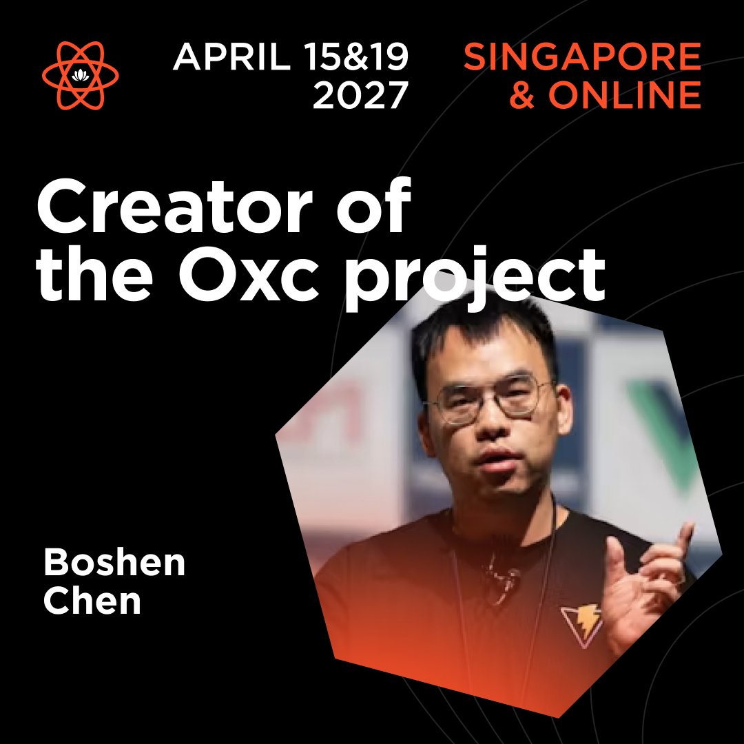 ReactSummit's tweet photo. ⚡ Meet @boshen_c, creator of the Oxc project, speaking at React Summit Asia!

At @voidzerodev, he's making the JavaScript ecosystem faster with high-performance tooling written in Rust.

April 15 &amp; 19, 2027, Singapore &amp; Online
Grab your ticket: https://t.co/jOM18mYlgY https://t.co/eH7Z7Z9XET