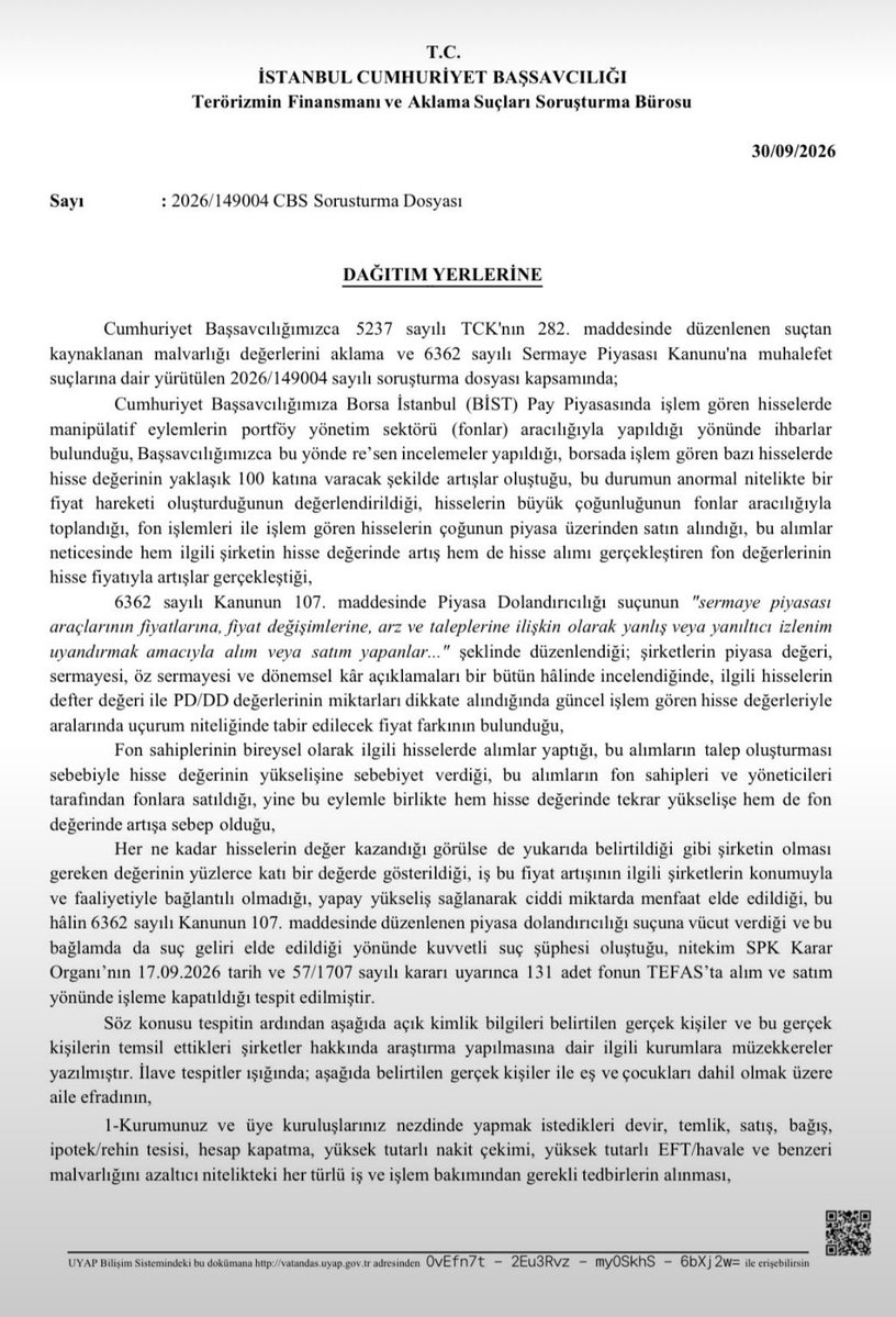 uzunyigit's tweet photo. Liste bomba.

Borsa İstanbul'da (BİST) fonlar üzerinden hisselerin yapay şekilde 100 katına kadar çıkarıldığı iddiasıyla başlatılan dev manipülasyon soruşturmasında harekete geçildi. SPK kararıyla 131 fonun TEFAS'ta alım-satımı durdurulurken, şüpheliler ile ailelerinin malvarlıklarına yönelik devir ve satış yasağı getirilmesi istendi. 

Ayrıca ilgili kişilerin sermaye piyasası araçlarının dondurulmasına ve malvarlığını azaltıcı şüpheli işlemlerin gecikmeksizin MASAK'a bildirilmesine karar verildi.