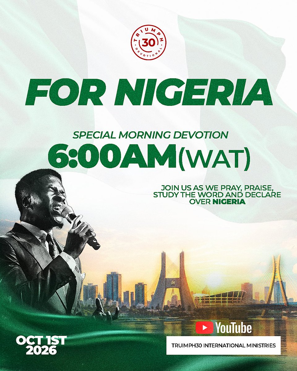 t30devotion's tweet photo. Join us tomorrow as we gather to pray, praise, study the Word and declare God’s will over our lives and our nation. 🇳🇬

📍 Triumph30 International Ministries YouTube channel
🕕 6AM WAT

#triumph30 https://t.co/10wP9xTFC1
