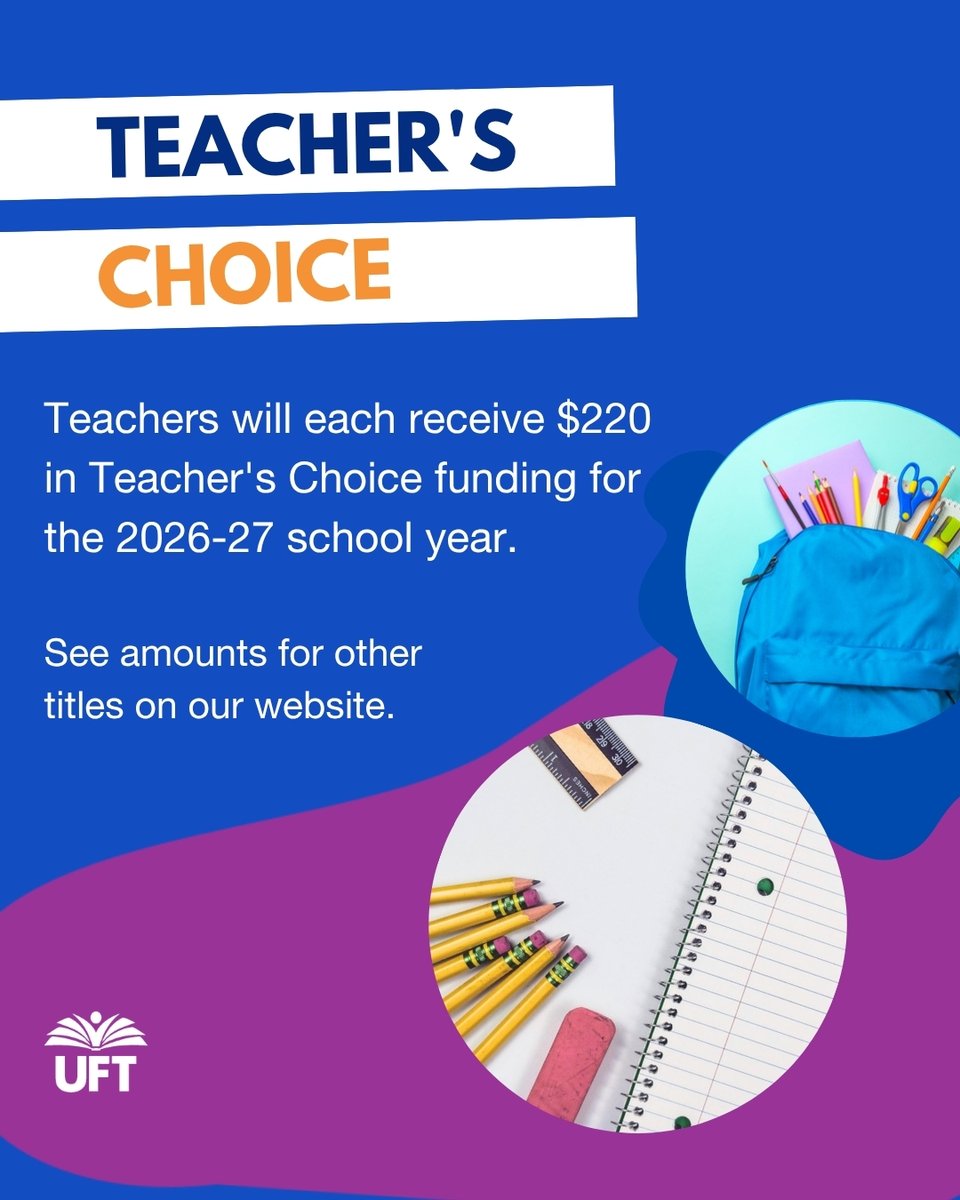 UFT's tweet photo. The DOE has released the Teacher’s Choice spending amounts for this school year! Teachers will receive $220 — amounts for other eligible titles are detailed on our Teacher’s Choice webpage: https://t.co/8J43MgGif3 Teacher’s Choice are funds we lobby to get included in the city budget each year. These funds help to reimburse eligible UFT members up to a designated amount for the cost of supplementary supplies and materials to improve their students' educational experience 🙌 The spending deadline is Jan. 8, 2027. And don’t forget to submit your receipts and the DOE Accountability Form by Jan. 15! (https://t.co/pDoMTh5lYB) Learn more and get shopping now!