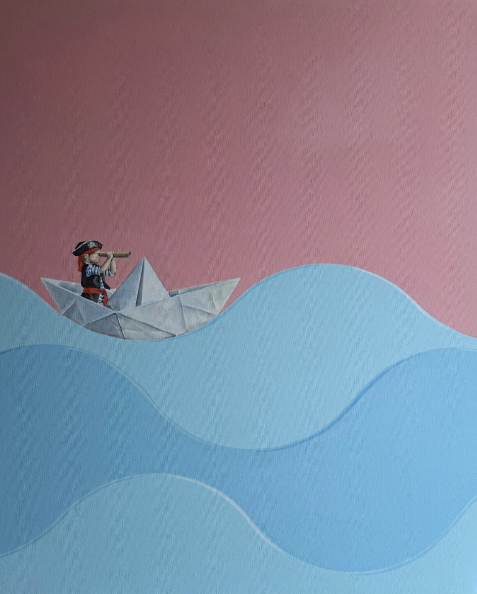 artwork500's tweet photo. Ahoy! ⛵️ "Riding Along" by Lee Jenkinson features a tiny pirate captain navigating minimalist waves in a folded paper boat 🏴‍☠️✨

Original oil &amp; acrylic on canvas (20" x 24").
👇 Grab it here https://t.co/yh9hD5XhEC
#ContemporaryArt #WhimsicalArt #ArtCollector https://t.co/fHGpoW2Pgk