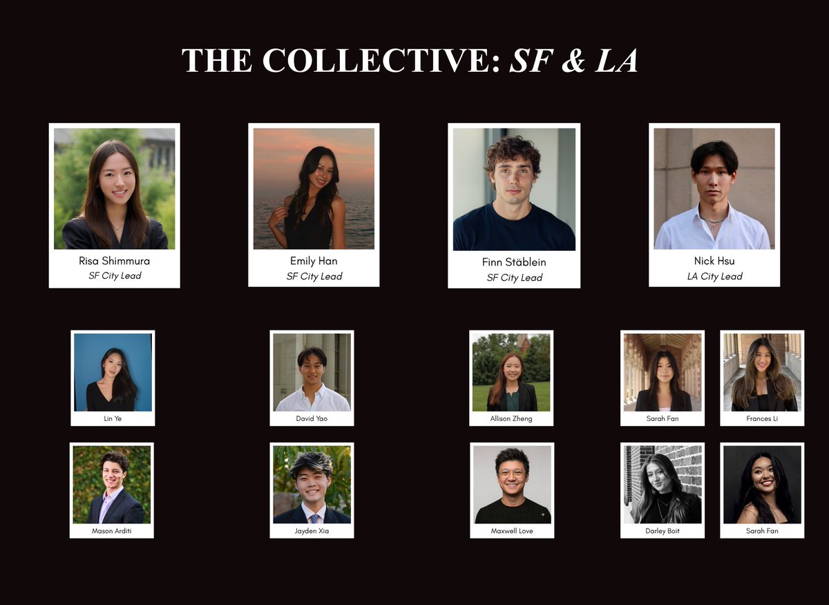 thecollectiv3e's tweet photo. Introducing our fellows at The Collective!

We're excited to welcome new faces across NYC, SF & LA and to congratulate our new city leads, @risashimmura, @k2briian, @FinnStaeblein, @olivialiu82, and Nick.

New York:
Rick: Harvard, Picus Capital
@miraya_j: UIUC, Dorm Room Fund
@sidr29: Columbia, founder Stealth
@TanejaPriyal: McMaster, MoTS E3 Group
@dingdongtinz: Columbia, Dorm Room Fund
@mikashimmura: Parsons, Cartier, ex-Hermès
@tinajyao: UVA, Girls Who Innovate, content creator
@michelletliu: UCLA, sundays in la, 8VC, Figma, Apple
@ichristinew: Boston College, content creator (267k+)

San Francisco:
@allixzheng: Cornell, Uber
@Davexyao: UC Berkeley, Blackstone
Jayden: UCSD, Product at Solace, Lawnly
@maxlovestweets: UC Berkeley, Centerview 
@lindictive: NYU, ex-founder, Growth at Scope
@createdbymason: UC Berkeley, Hackathon Company of California

Los Angeles:
@Sarah___Fan: USC, GTM Lemma, ex-Photon
@ssarahfann: USC, ex-SpaceX, Anduril, 8VC
@boitdarley: Harvard, The TerraCotta Group
Frances: USC, Permanent Capital Ventures

@thecollectiv3e exists to build spaces for ambitious young people changing the world. This is the strongest group we've ever brought together, and we can't wait to see what they do next.

Congrats to each one of them!
