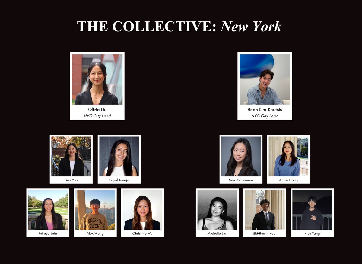 thecollectiv3e's tweet photo. Introducing our fellows at The Collective!

We're excited to welcome new faces across NYC, SF & LA and to congratulate our new city leads, @risashimmura, @k2briian, @FinnStaeblein, @olivialiu82, and Nick.

New York:
Rick: Harvard, Picus Capital
@miraya_j: UIUC, Dorm Room Fund
@sidr29: Columbia, founder Stealth
@TanejaPriyal: McMaster, MoTS E3 Group
@dingdongtinz: Columbia, Dorm Room Fund
@mikashimmura: Parsons, Cartier, ex-Hermès
@tinajyao: UVA, Girls Who Innovate, content creator
@michelletliu: UCLA, sundays in la, 8VC, Figma, Apple
@ichristinew: Boston College, content creator (267k+)

San Francisco:
@allixzheng: Cornell, Uber
@Davexyao: UC Berkeley, Blackstone
Jayden: UCSD, Product at Solace, Lawnly
@maxlovestweets: UC Berkeley, Centerview 
@lindictive: NYU, ex-founder, Growth at Scope
@createdbymason: UC Berkeley, Hackathon Company of California

Los Angeles:
@Sarah___Fan: USC, GTM Lemma, ex-Photon
@ssarahfann: USC, ex-SpaceX, Anduril, 8VC
@boitdarley: Harvard, The TerraCotta Group
Frances: USC, Permanent Capital Ventures

@thecollectiv3e exists to build spaces for ambitious young people changing the world. This is the strongest group we've ever brought together, and we can't wait to see what they do next.

Congrats to each one of them!