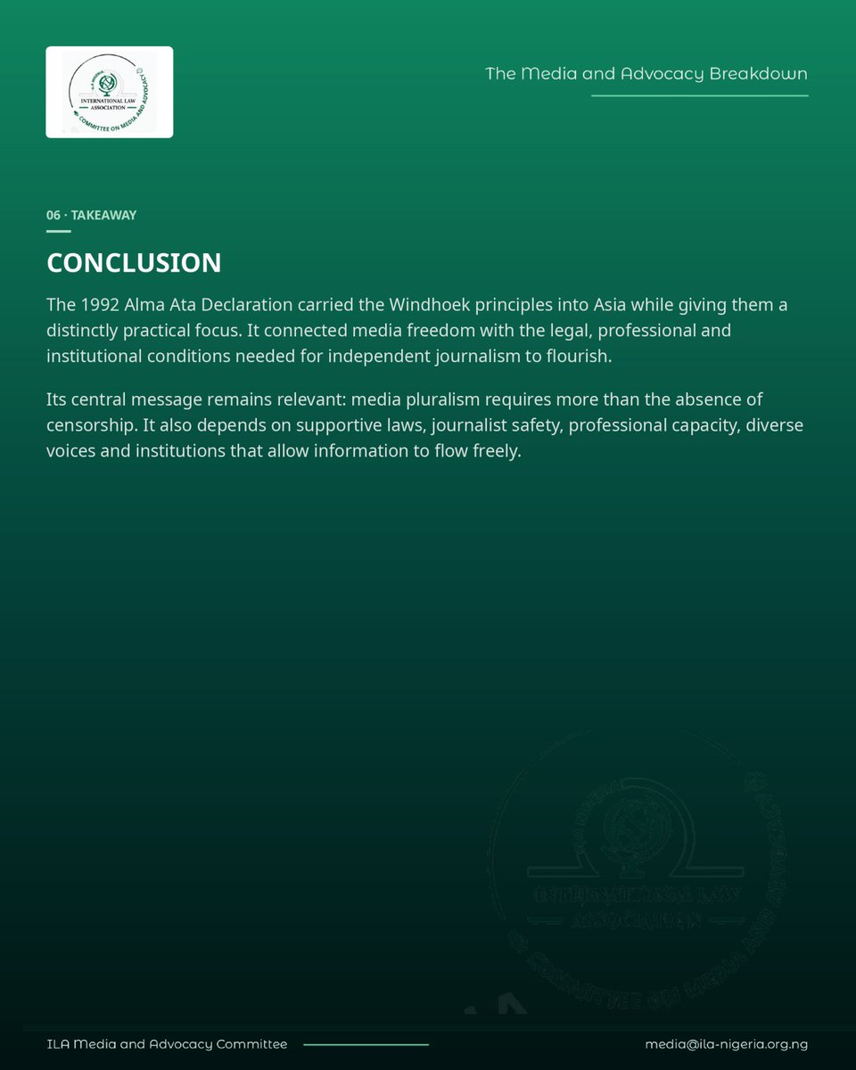 MAC_ILANIG's tweet photo. In this edition of The Media and Advocacy Breakdown, we look at the Alma Ata Declaration, the standards it advanced and the practical steps it proposed for strengthening independent and pluralistic media across Asia.
#ILANigeria #MediaAndAdvocacy #AlmaAtaDeclaration #PressFreedom https://t.co/kXr8KPVyw2