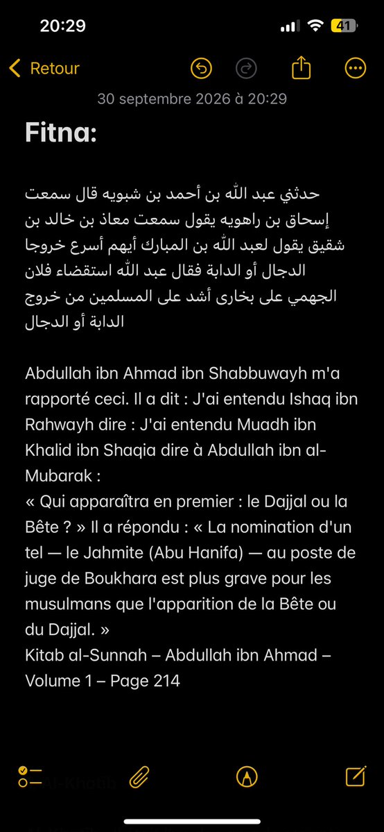 AlMaliki459745's tweet photo. Il est rapporté que Abdallah Ibn Al Mubarak qu’Allah lui fasse miséricorde a dit que l’apparition d’Abu Hanifa est plus grave que celle du dajjal ou de la Bête.

L’Isnad est authentique: https://t.co/bbIo7dKDv8