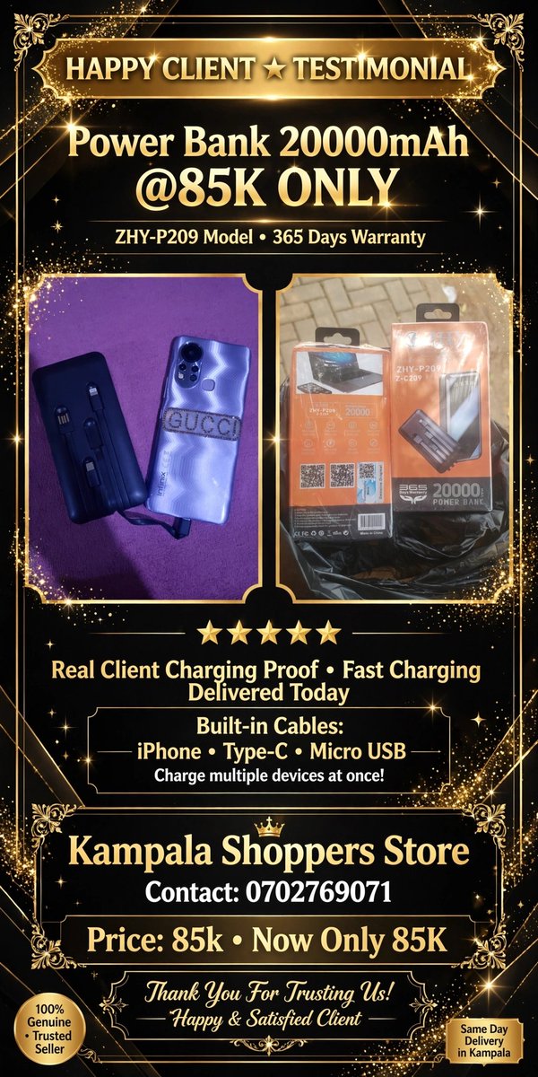 KShoppersUG's tweet photo. ⭐ HAPPY CLIENT! Power Bank 20000mAh @85K

✅ Real Proof — Charging Now!
✅ Built-in Cables
✅ 365 Days Warranty
✅ ZHY-P209

Thanks for trusting KSS! 🙏

Order 👉 https://t.co/4tQ7rhy5F4

#PowerBank https://t.co/8gtd5yVc7L
