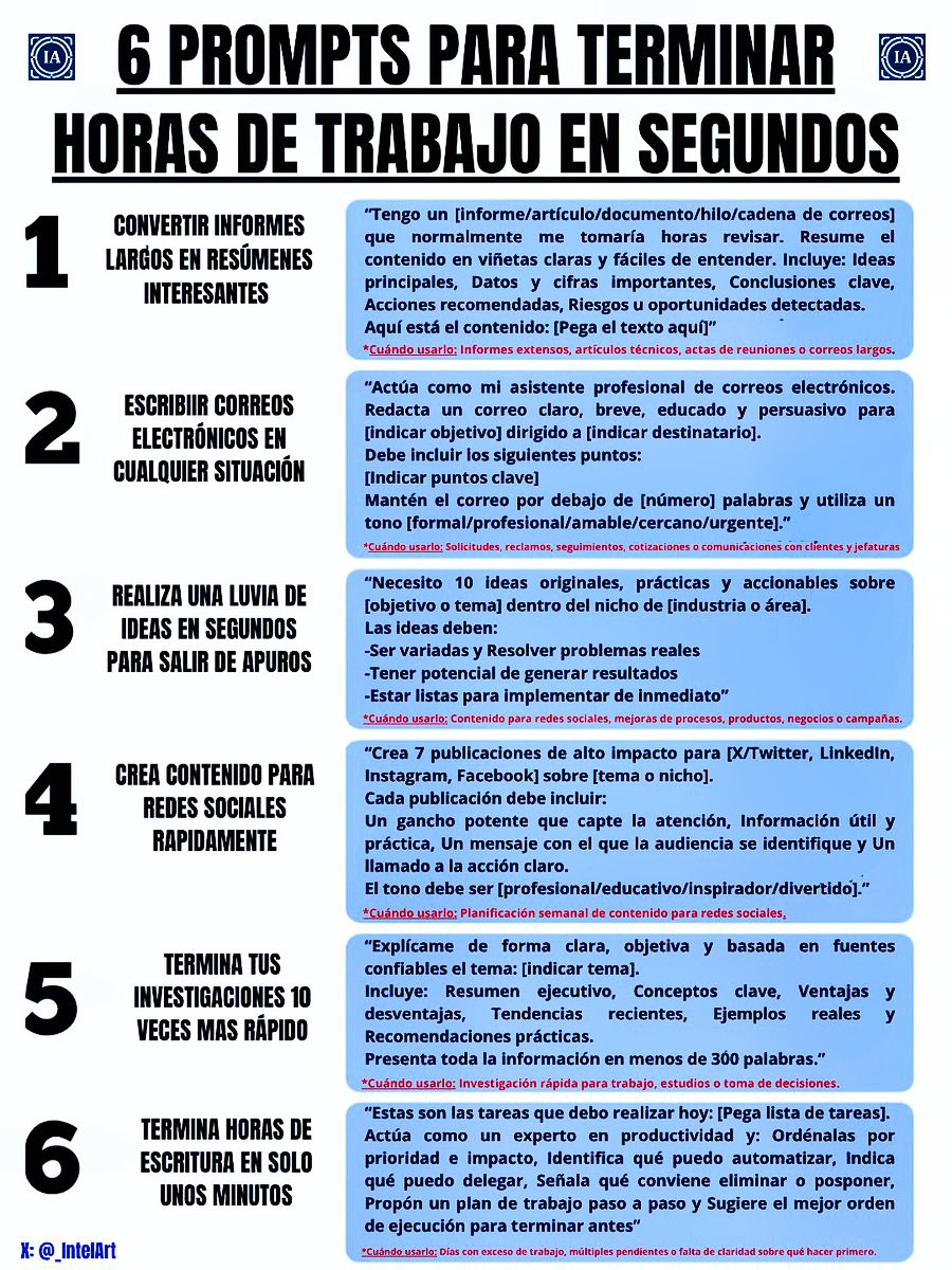 _IntelArt's tweet photo. Si todavía Redactas Correos, Resúmenes e Investigaciones manualmente, te comparto mi Hoja Visual de 6 Prompts que uso a diario.

𝐓𝐞 𝐚𝐡𝐨𝐫𝐫𝐚𝐫á 𝐝𝐞𝐜𝐞𝐧𝐚𝐬 𝐝𝐞 𝐡𝐨𝐫𝐚𝐬 𝐜𝐚𝐝𝐚 Semana.
 👇 ⬇️ https://t.co/oGcQ9yDjSL