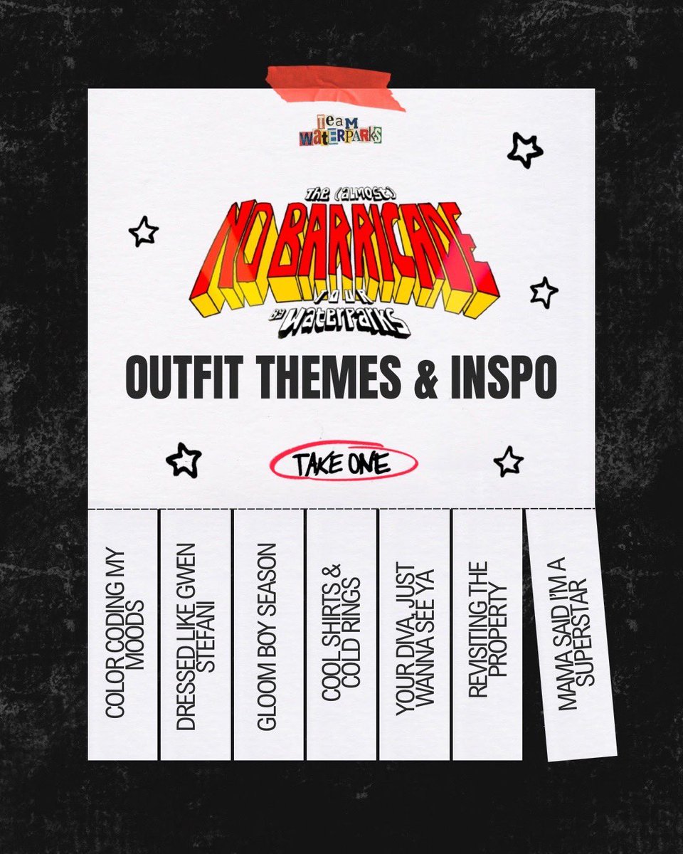 TeamWaterparx's tweet photo. Now presenting… Team Waterparks’ (almost) NO BARRICADE TOUR outfit themes!

Using YOUR suggestions, we put together a calendar of 15 themes for the 15 cities Parx is hitting on tour. This is JUST FOR FUN! Not required and feel free to mix and match themes to different cities! 🧵 https://t.co/yaNI3gMvno