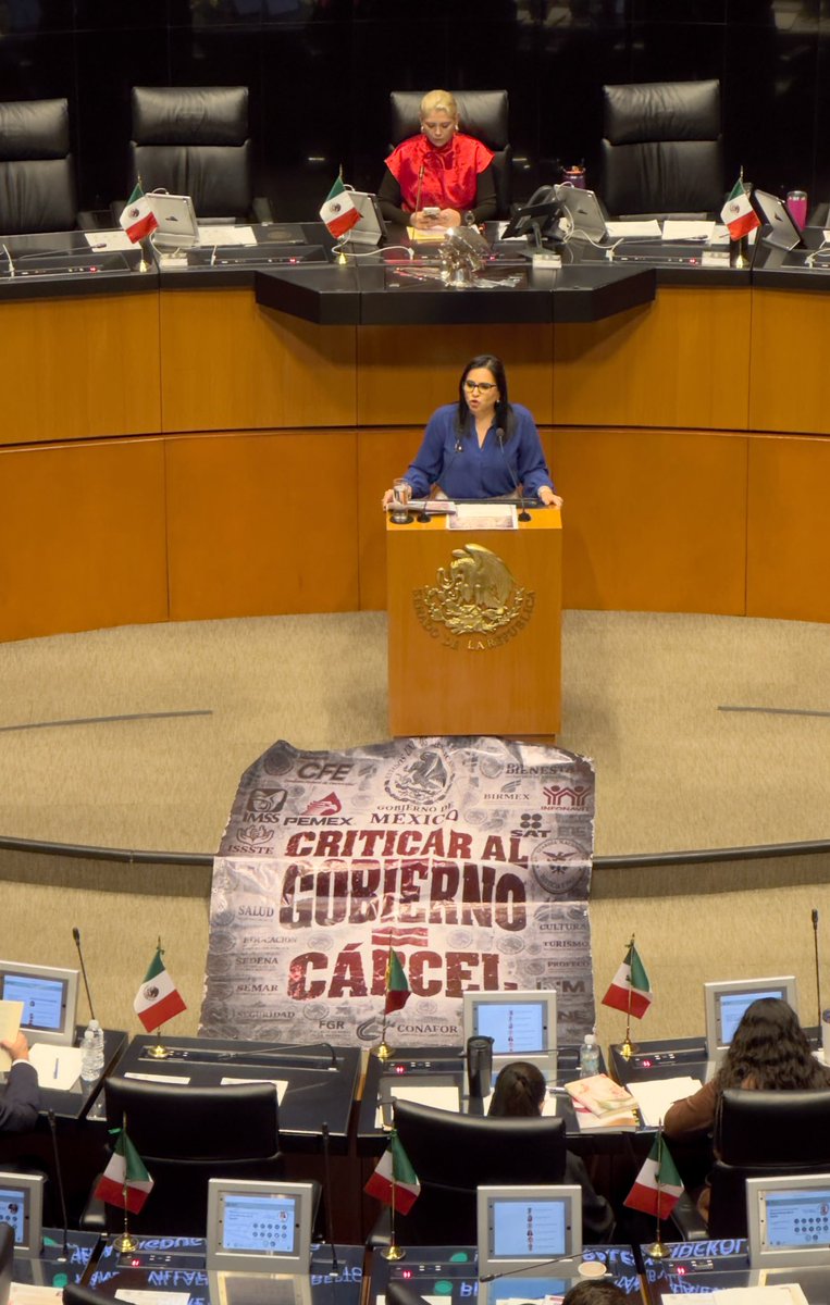 letroblesrosa's tweet photo. No les dejaron desplegar la manta en los balcones, pero el @AccionNacional la despliega enfrente de la tribuna para que la veamos todos en el pleno del @senadomexicano https://t.co/vNf6AVJbZX