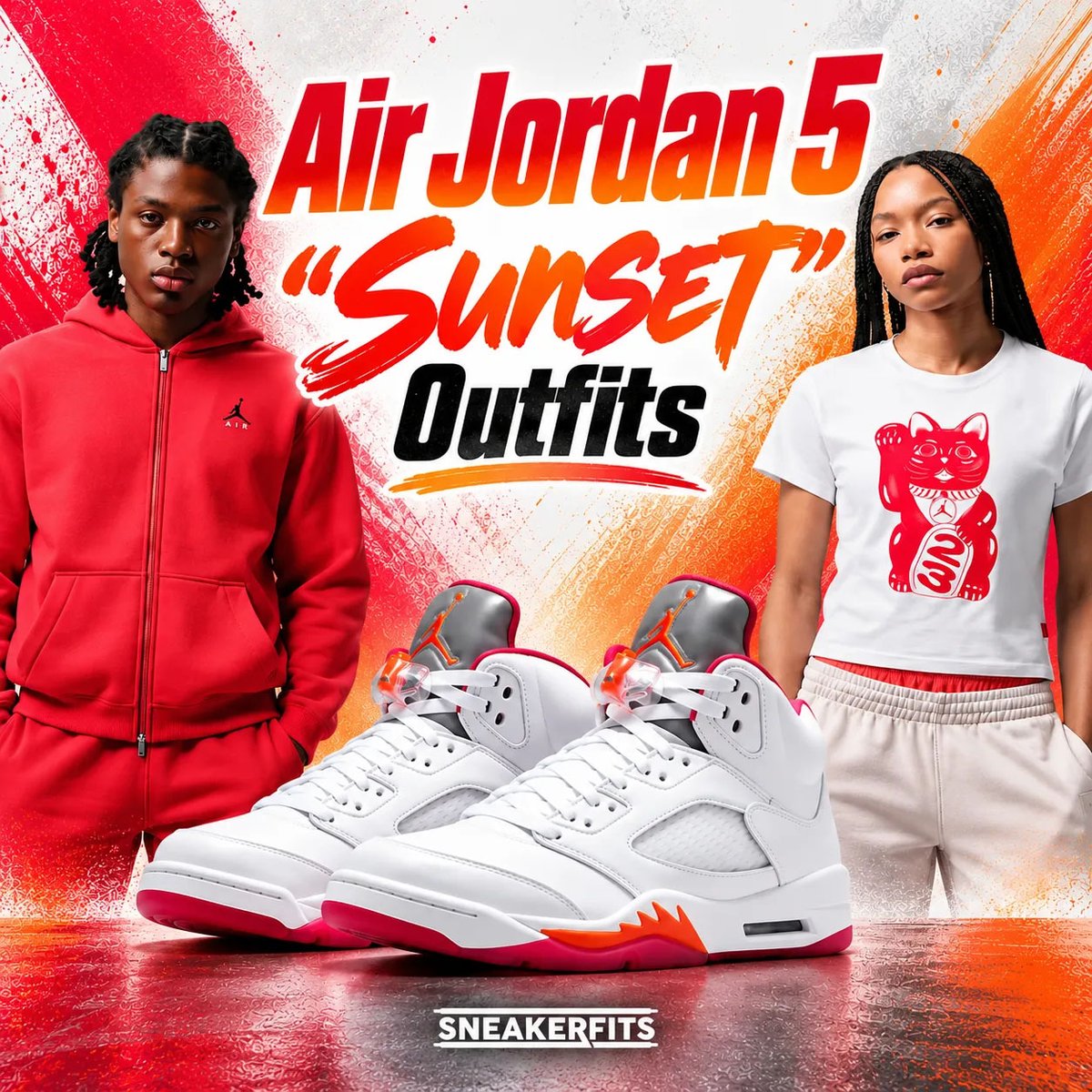 SneakerFitsCom's tweet photo. What to Wear With the Air Jordan 5 “Sunset” 👟

Matching Jordan shirts, hoodies and pants for women and men that coordinate with the White, Fire Red and Sunset colorway.

See the outfit guide:
https://t.co/dbatnSJb2J

#AirJordan5 #JordanBrand https://t.co/lVZMAwcTCM