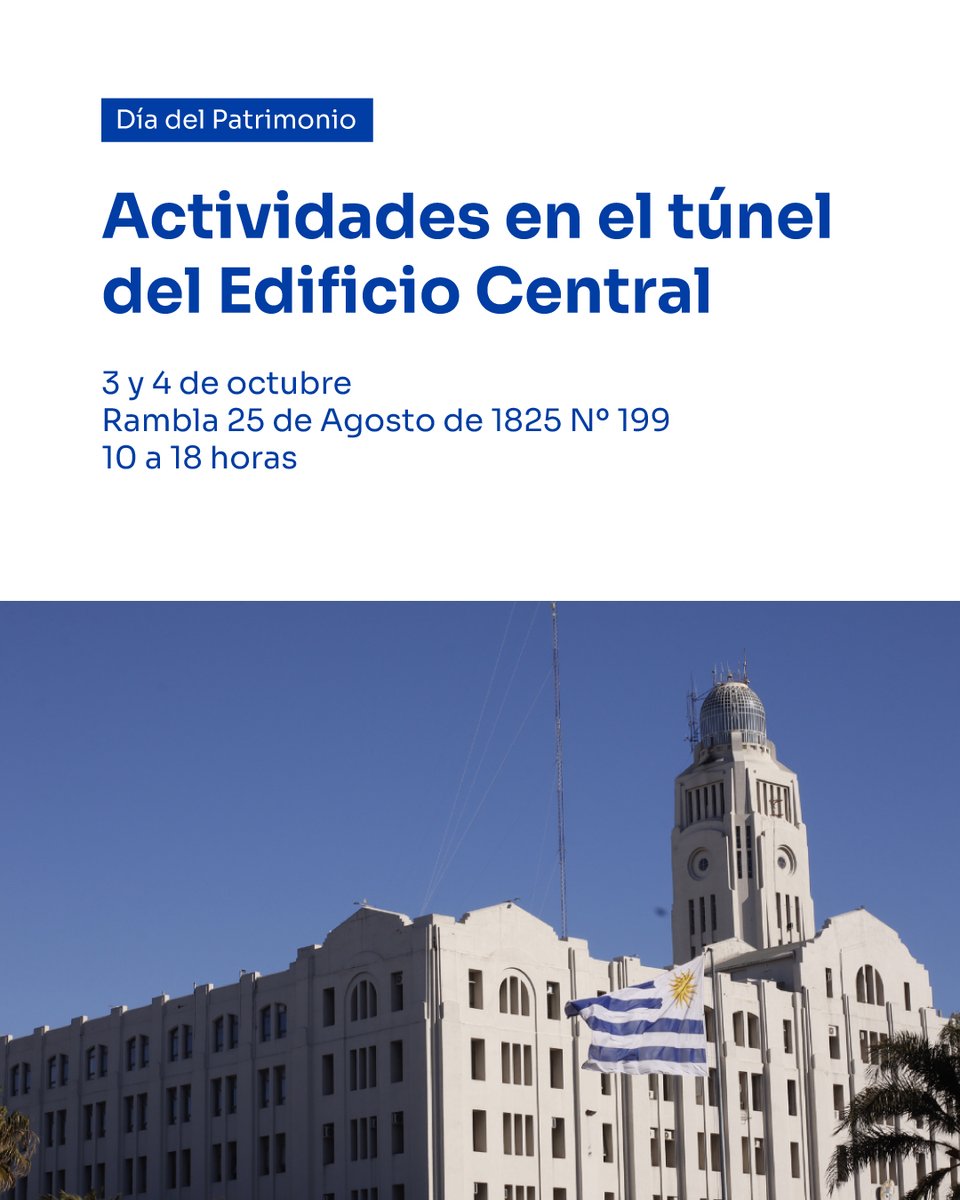 AduanaURU's tweet photo. La Dirección Nacional de Aduanas se suma al Día del Patrimonio. Los invitamos a todos a acercarse hasta el túnel de nuestro Edificio Central en Rambla 25 de Agosto, para que conozcan nuestra historia, valores y funciones. Los esperamos el 3 y 4 de octubre de 10:00 a 18:00 horas https://t.co/0u06Gghgm1