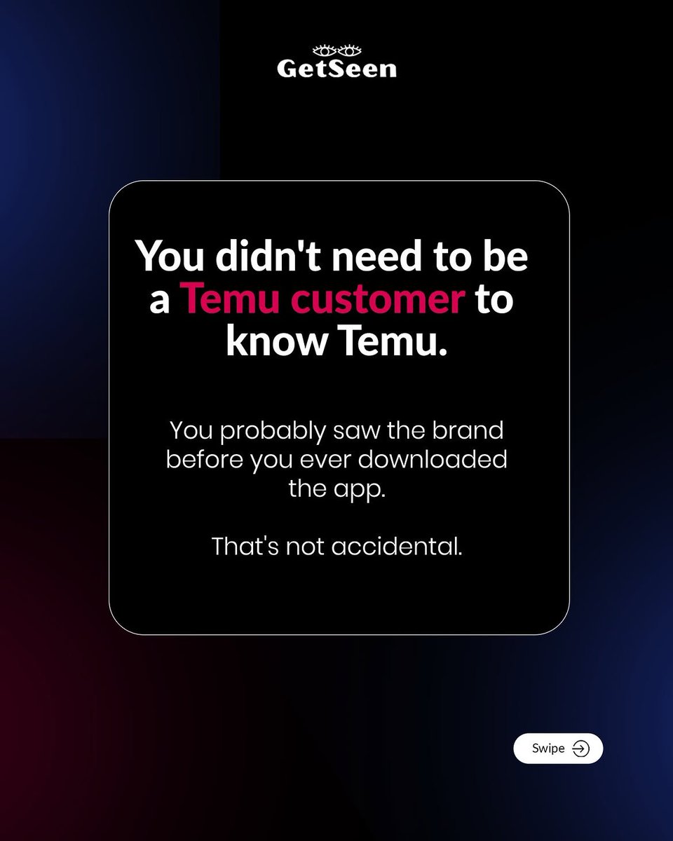 Getseenhq's tweet photo. You didn’t need to shop on Temu to know Temu.

That’s the power of consistent visibility.

You don’t need their budget. You need to understand the lesson:

Be easy to remember.

#getseen #brandvisibility #MarketingStrategy https://t.co/oOhhBfaVAr