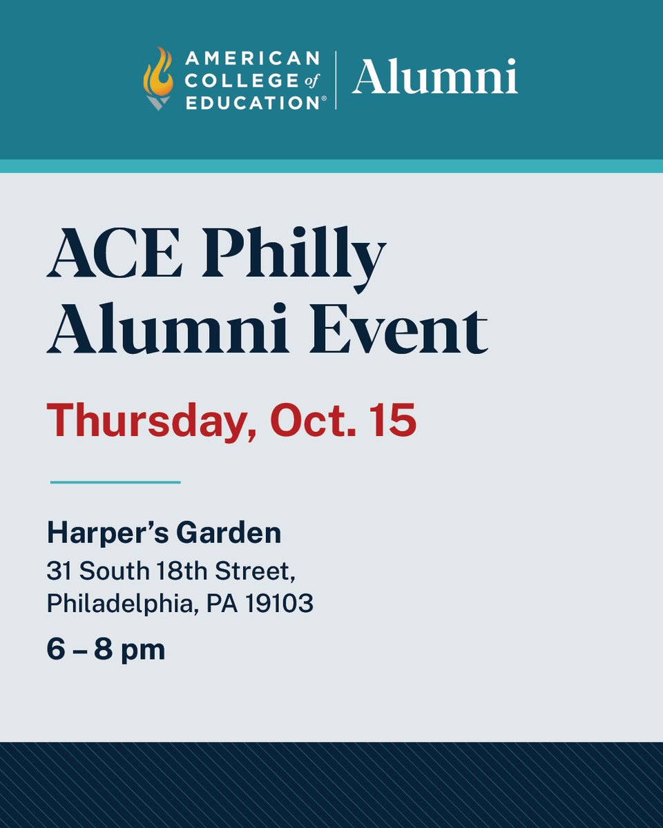 ACEedu's tweet photo. American College of Education (ACE) is coming to Philly! 🎉 
Philadelphia-area ACE alumni and students: Save the date for an evening of connection, conversation and community. Join local alumni and students over complimentary refreshments and appetizers. You’ll also get exclusive ACE swag and a chance to win a special giveaway! See event details below.  

📅 Thursday, Oct. 15 | 6–8 pm ET 
📍 Harper’s Garden | Philadelphia, PA 
☝️ Guest must RSVP by Monday, Oct. 5! 

The event is come-and-go style, so if you can’t make it right at 6 pm, you can still RSVP and join us when you can. If you want to bring a guest, make sure to include them on your RSVP form. 

🔗 RSVP here: https://t.co/1dqE4D9kiS 

We can’t wait to see our ACE community in Philly! 

#ACEAlumni #ACEEvents #OnlineDegree #ACECommunity #ACEedu