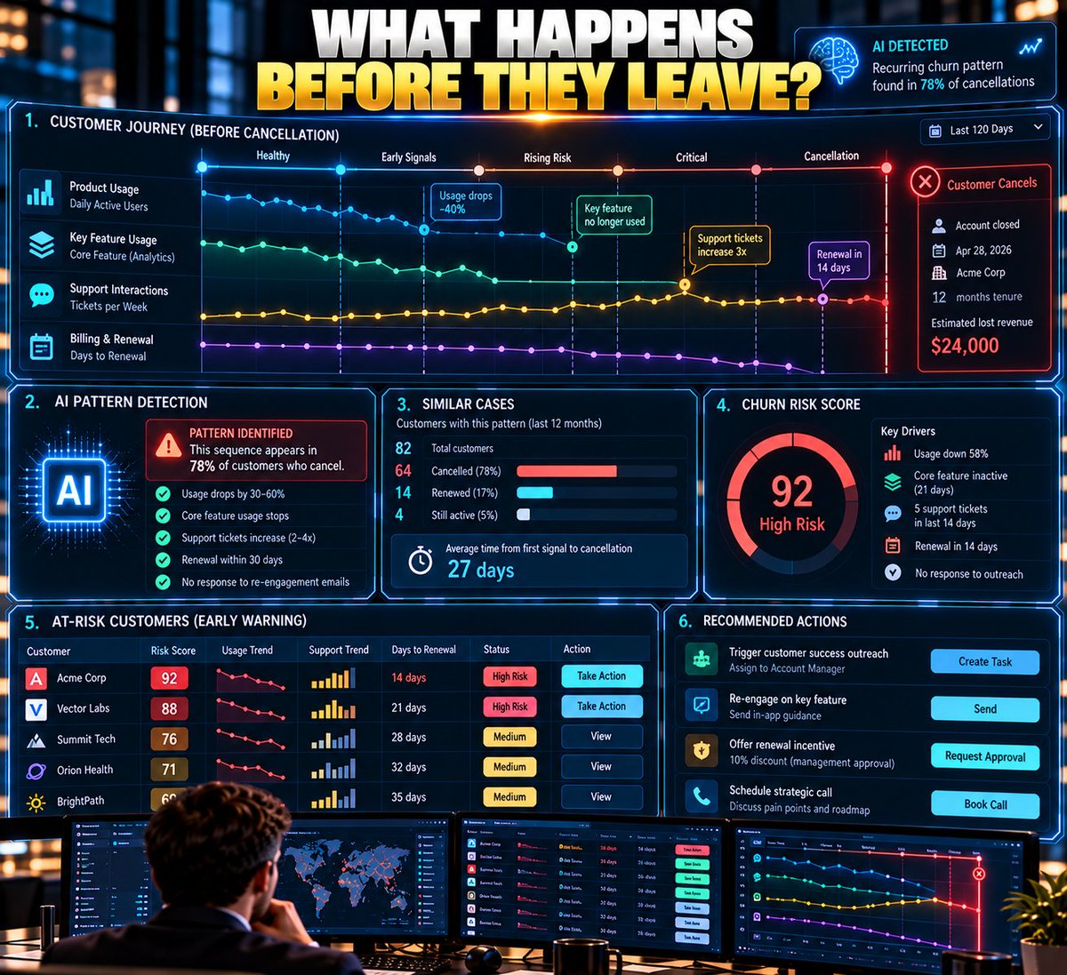 CuriousCreatorX's tweet photo. BUILD A “WHY ARE CUSTOMERS LEAVING?” ENGINE

A cancellation form usually tells you what happened.

It doesn't necessarily tell you why.

Build an AI churn-investigation workflow.

Example:

Every month, collect:

• cancellation reasons
• support conversations
• product usage
• customer tenure
• plan type
• complaints
• refund requests

Then:

1. Remove sensitive information you don't need.

2. Give AI the approved customer data.

3. Ask it to group cancellations by underlying themes.

4. Compare those themes against actual product behavior.

5. Look for combinations.

Example:

Customers who:

stopped using Feature X

+ 

opened 2+ support tickets

+ 

renewal within 30 days

may be showing a different pattern from customers who simply became inactive.

6. Quantify how common each pattern is.

7. Send the highest-impact patterns to the relevant team.

Now you're not asking:

“Why did customers leave?”

You're asking:

“What sequence of events tends to happen before they leave?”

That's where AI becomes genuinely useful.

What customer behavior would you investigate first?