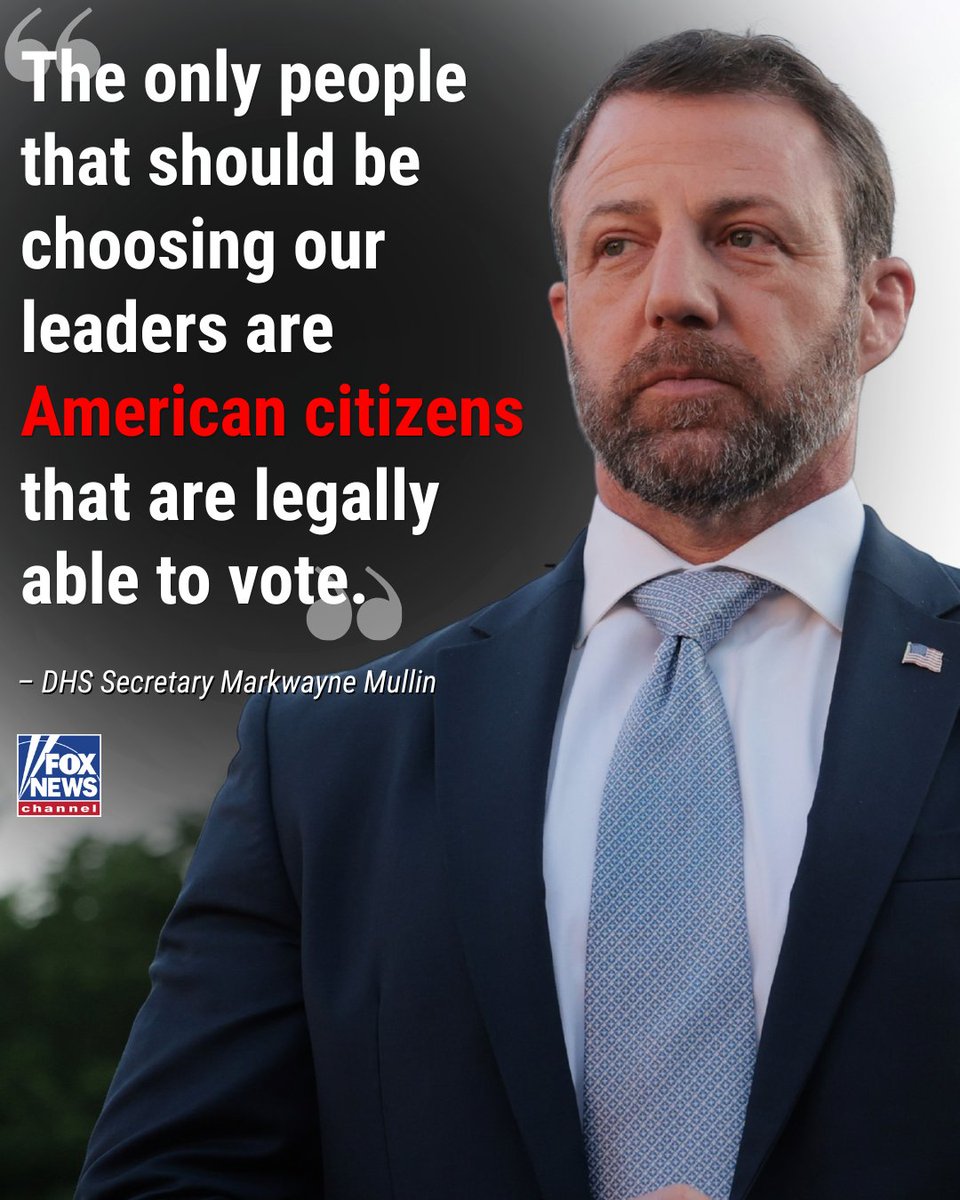 FoxNews's tweet photo. “Every voter that votes should know that their vote counts. It shouldn’t be canceled by someone illegally voting in those elections.”

DHS Secretary Markwayne Mullin says only American citizens who are legally eligible to vote should be choosing the nation's leaders as DHS steps up scrutiny of voter rolls and investigates suspected cases involving noncitizens ahead of the midterms.